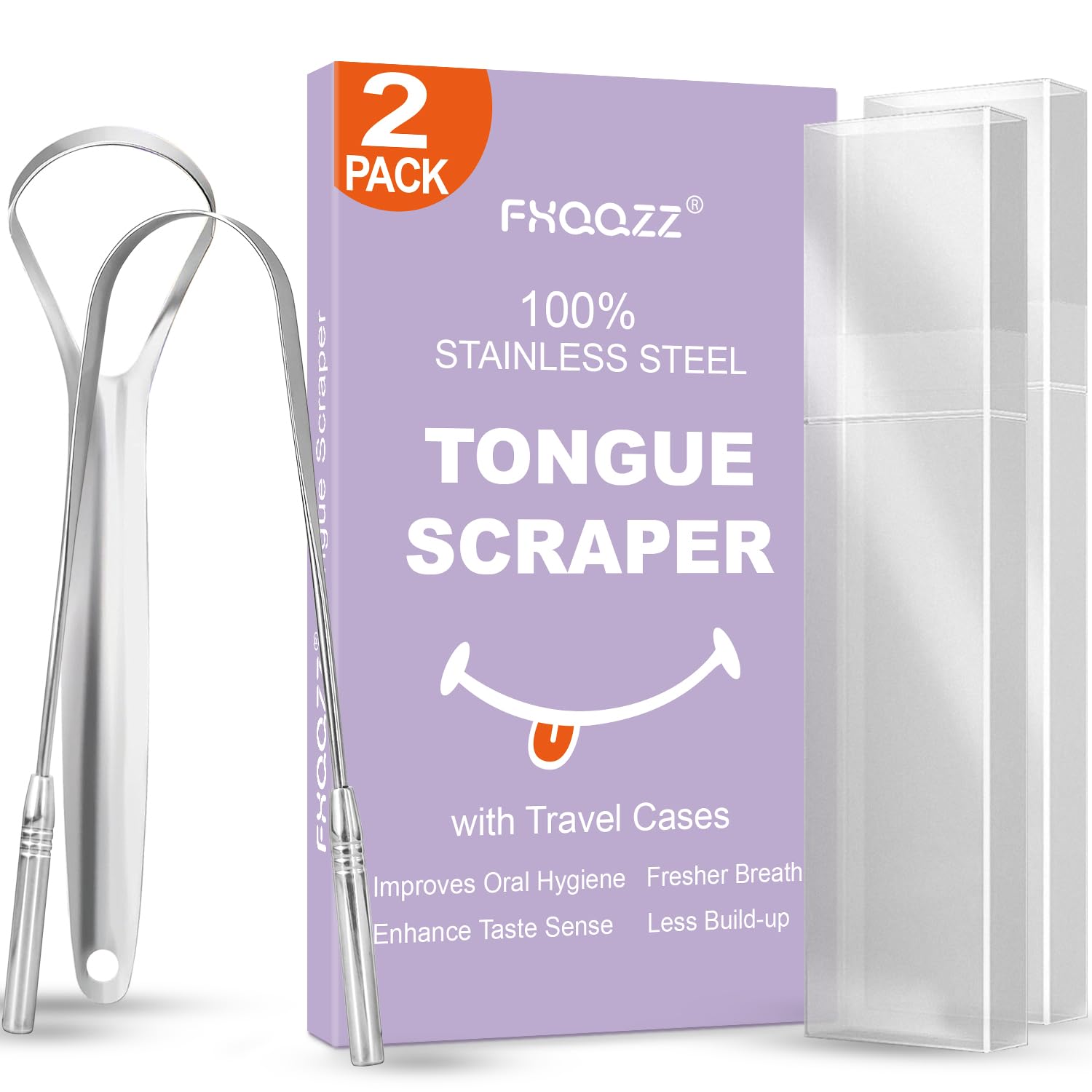 Tongue Scraper for Adults with Travel Cases (2 Pack), 100% Stainless Steel, Reduce Bad Breath, Tongue Scrubber, Easy to Use, Tongue Cleaner for Oral Care & Hygiene (Mix)