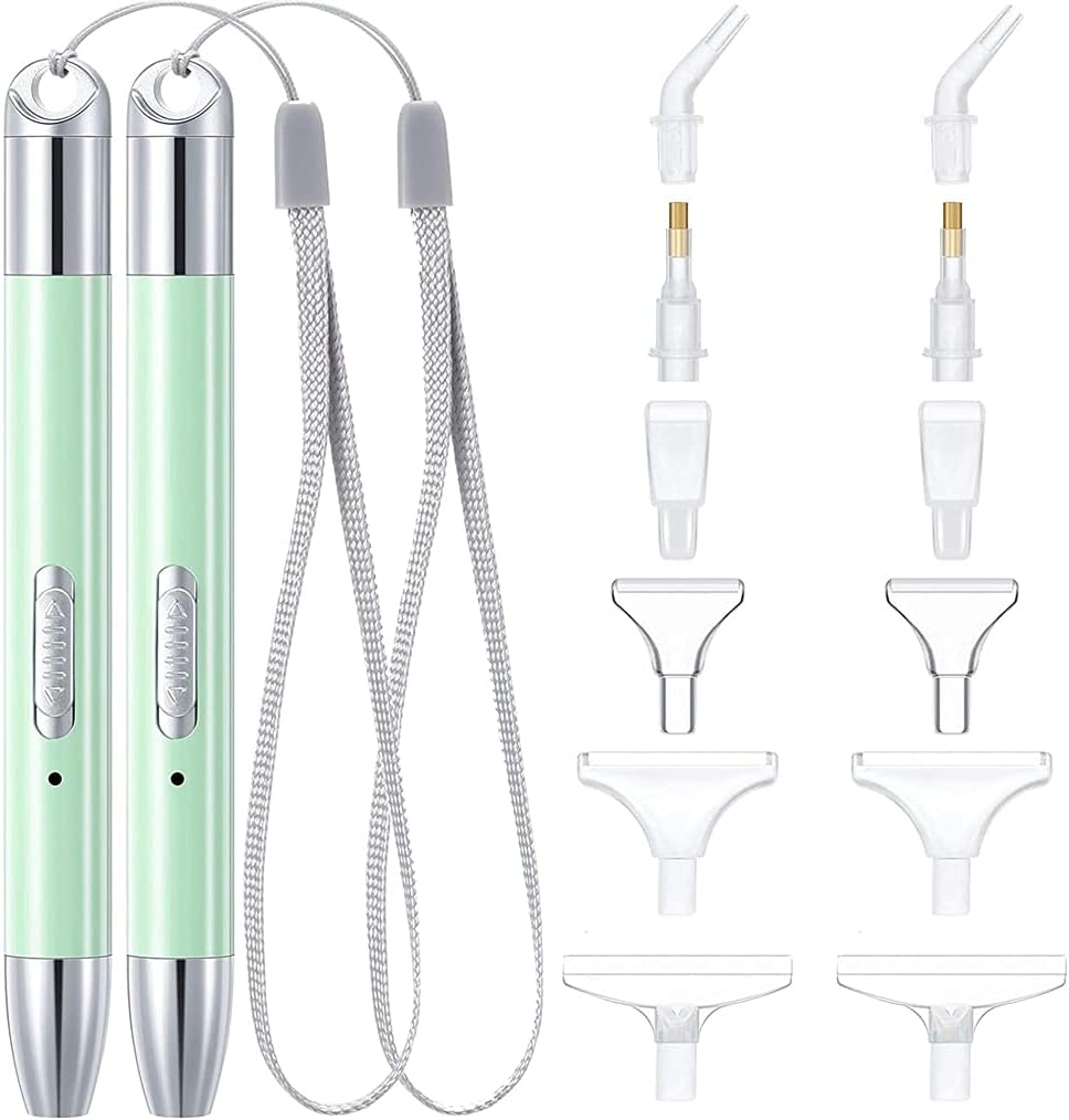 ELECDON 2 Sets Diamond Painting Drill Pen Set, 2 Light Modes Diamond Painting LED Drill Pen with 12 Replacement Pen Head for Nail Art DIY Painting Craft (Green)