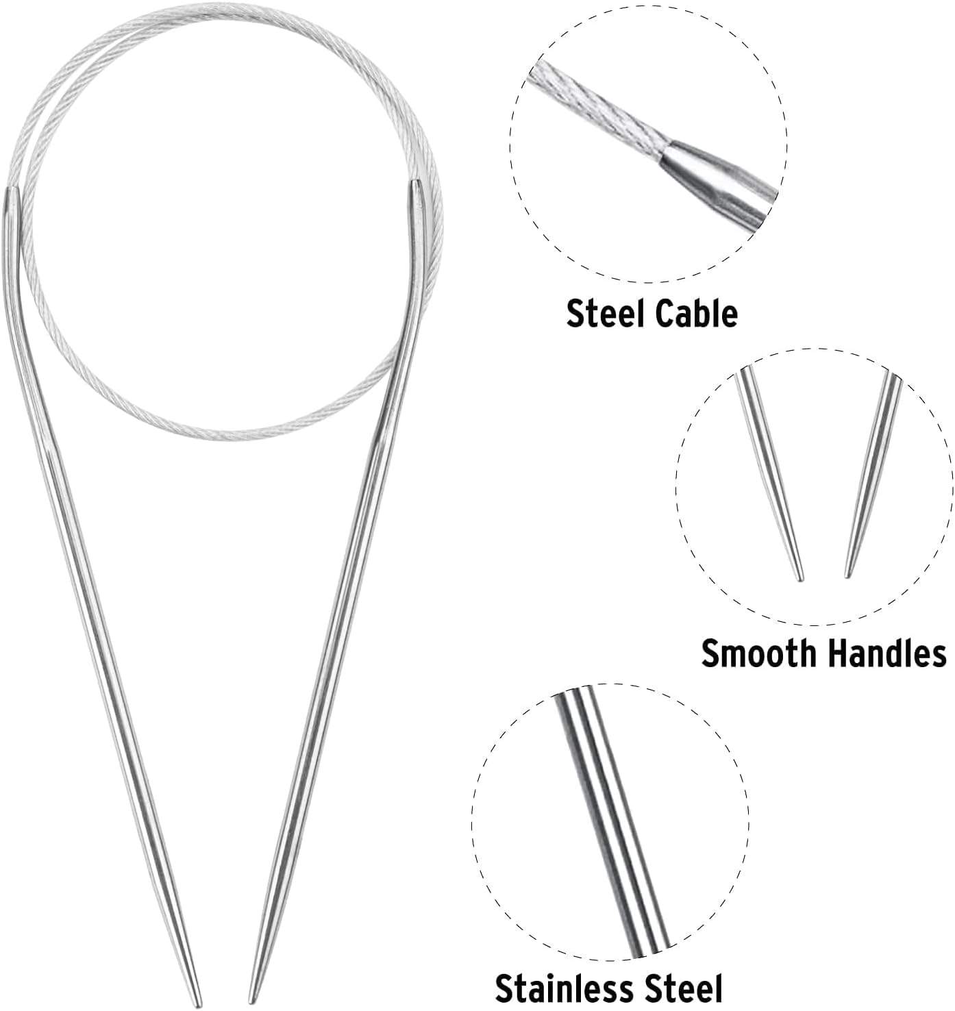 Coopay Stalen breinaalden 9,0 mm, 100 cm lang, flexibele kabel, vaste ronde pinnen voor dikke wol, artritis handen, maat US 13