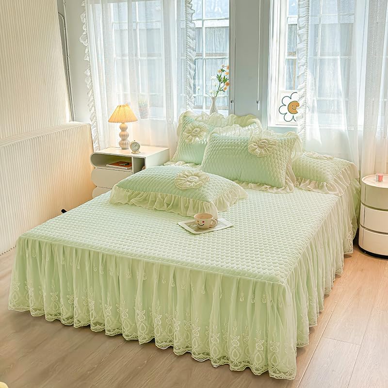 Quilted Washable Cotton Ruffle Bedspread with Lace Skirt Decorative Luxury Bed Coverlet, Queen, Light Green