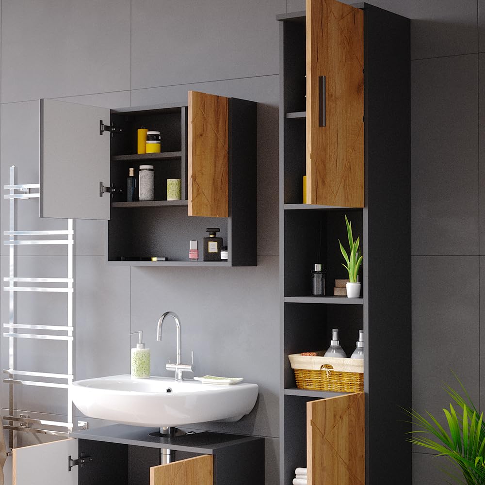 Vicco Meuble Salle de Bain Irma, Chêne doré/Anthracite, 30x192cm | pour le rangement des accessoires de salle de bain et compatible avec la série Irma
