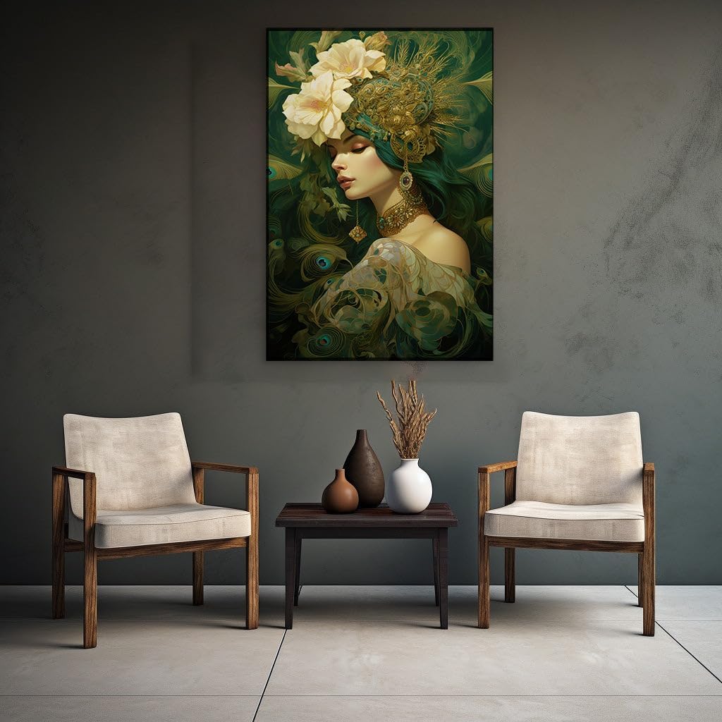 Canvas for Living room. Enchantress of Emerald Tresses: A Dreamy Vision in Gold and Green Feathers, 27 x 18 inch Canvas Wall Art - Contemporary Masterpieces - Inspirational Office Decor