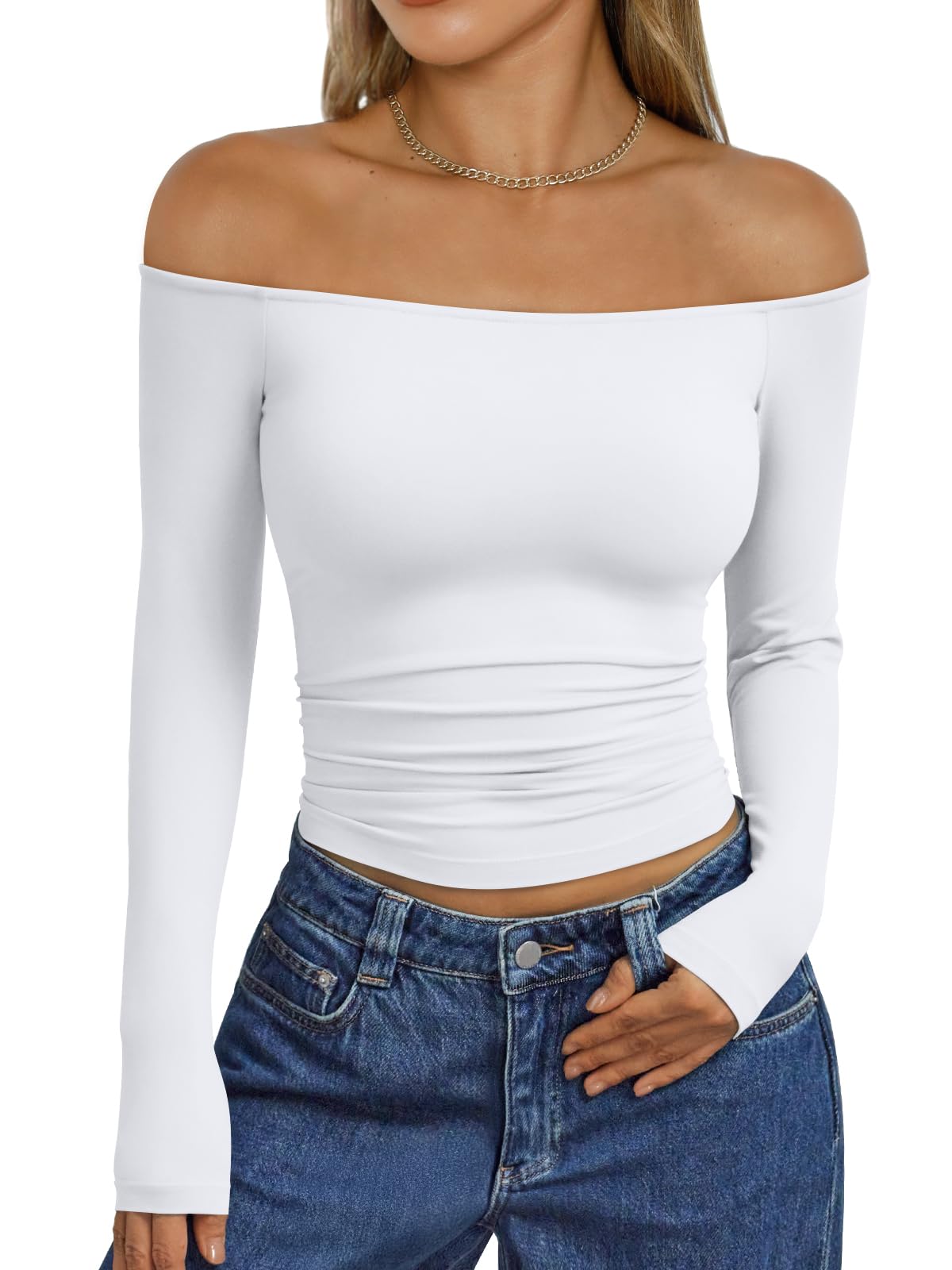 Trendy Queen Womens Off The Shoulder Tops Going Out Basic Sexy T Shirts | Long Sleeve Tops,Cute Crop Boat Neck,Y2K Corset Concert,Fall Fashion 2026 Outfits Clothes,Date Night Tops