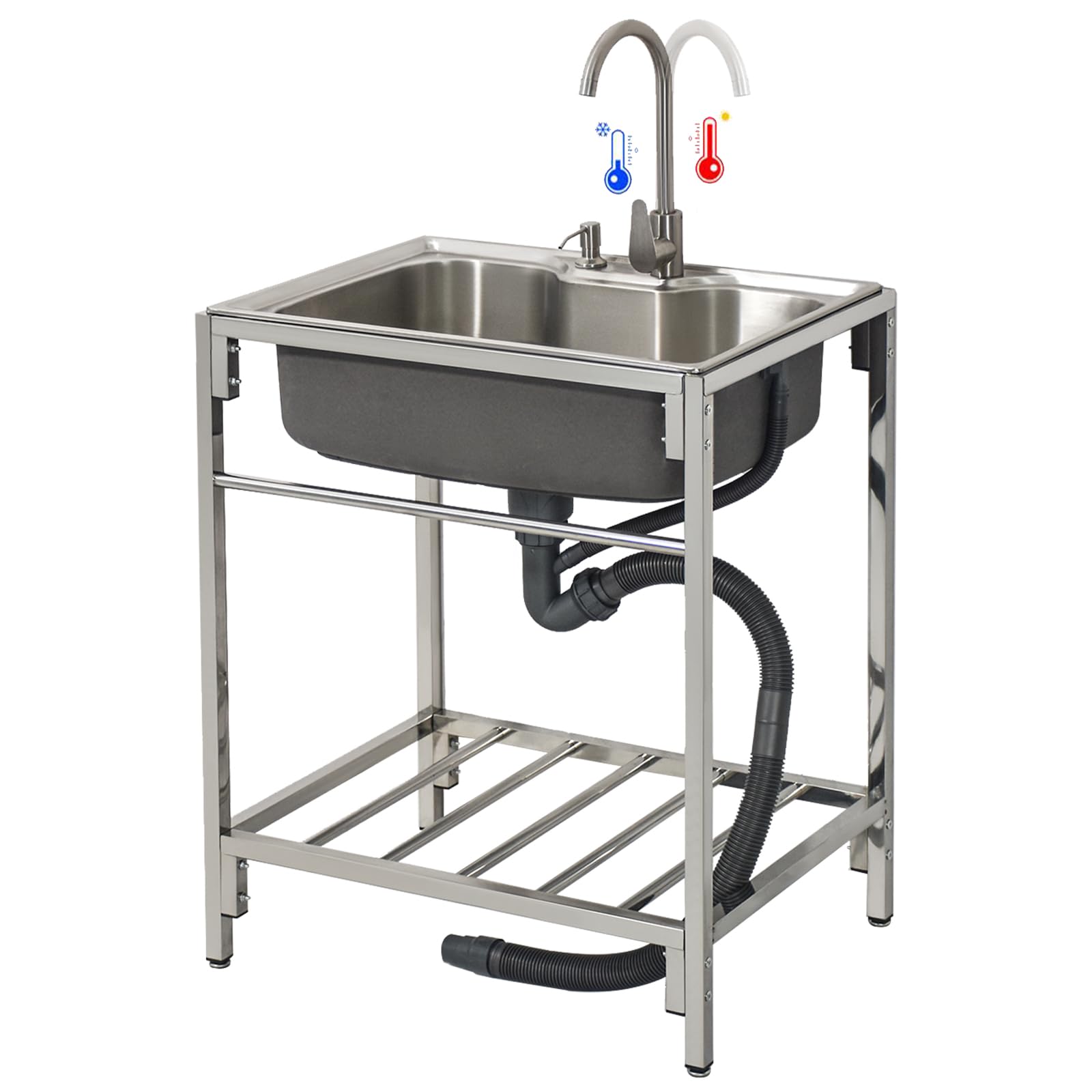 ZQFHSX Outdoor Stainless Steel Free Standing Commercial Kitchen Sink Laundry Room Utility Set for Backyard Garage, Hot and Cold Tap (72x45x85cm)