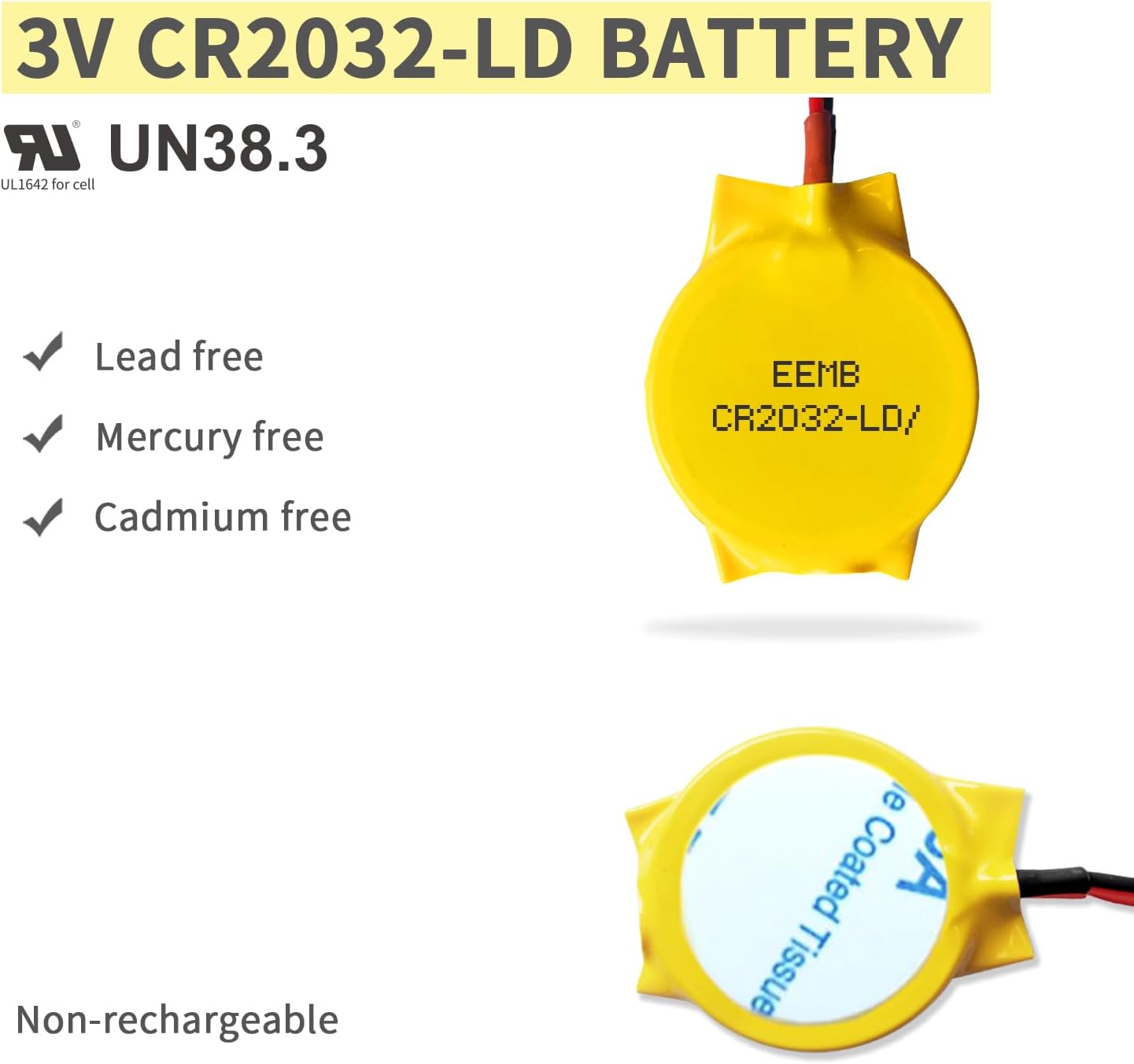 EEMB CR2032-LD battery highlighting lead-free, mercury-free, and cadmium-free composition.