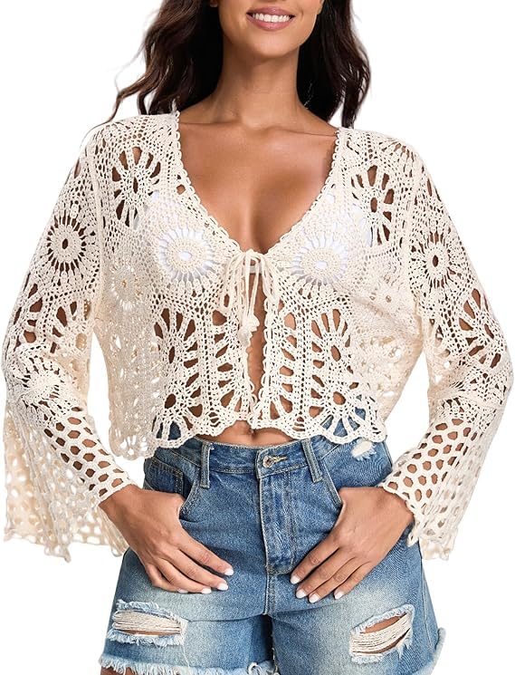 Womens Crochet Cardigan Bell Sleeve Tie Front Hollow Out Cropped Vacation Tops Summer Length Sleeve Beach Cover Ups(Beign) Beige