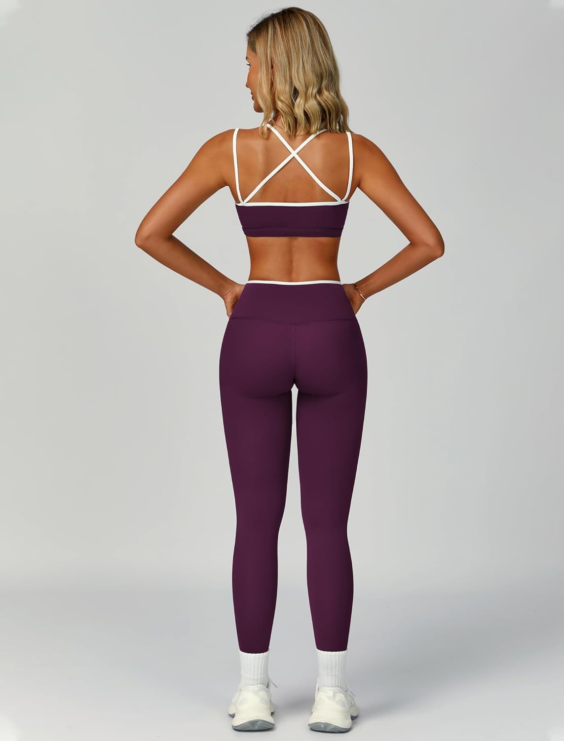 Womens Workout Set Two Piece Spaghetti Straps Color Block Sports Bra Matching High Waist Leggings Gym Work Out Outfits - Image 5