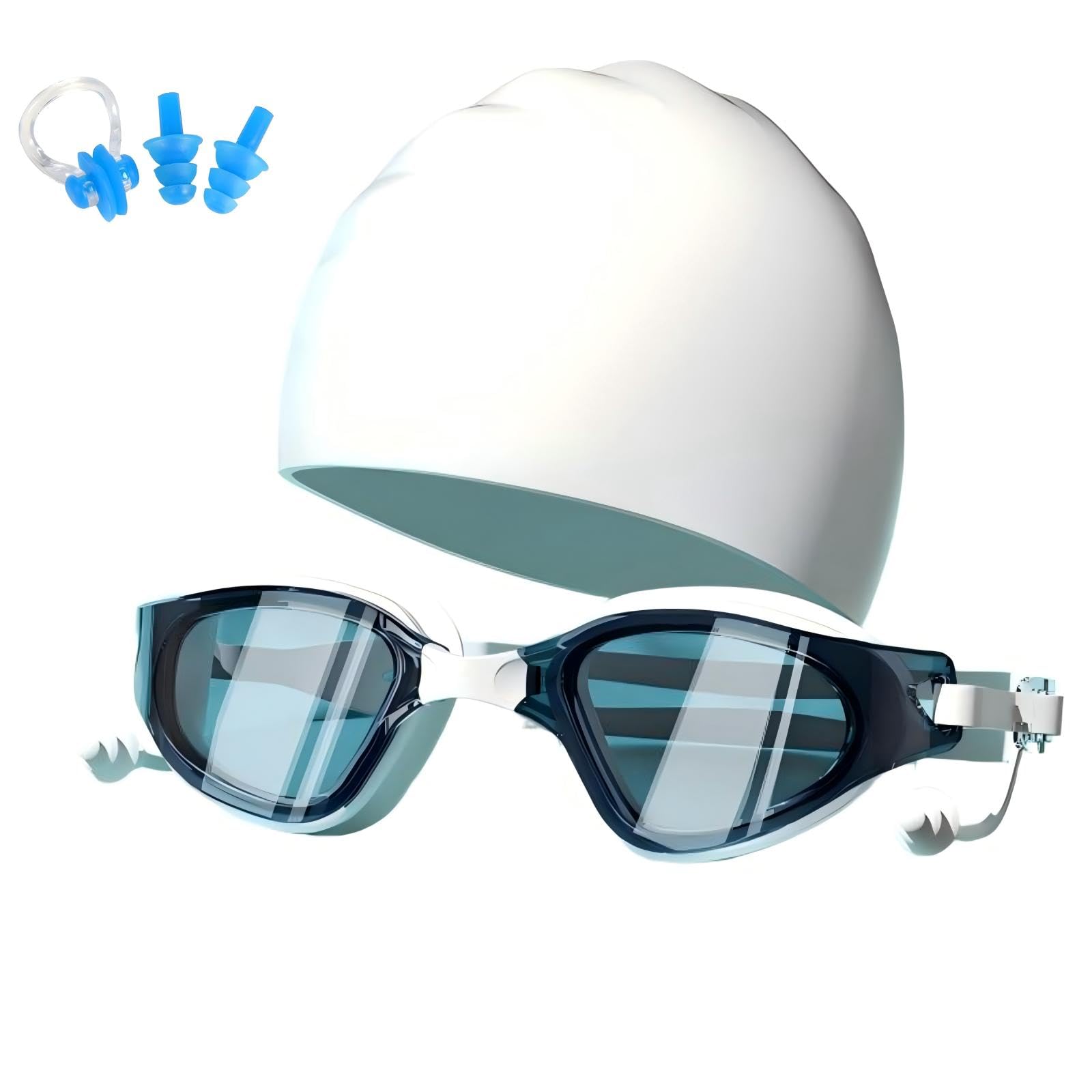 ZZSGLPN Adults Optical Performance Swimming Goggles, Anti-Fog UV Protection with Earplugs Nose Clips, Prescription 0-6.0 Available for Triathlon Training (White+Cap, -4.5)