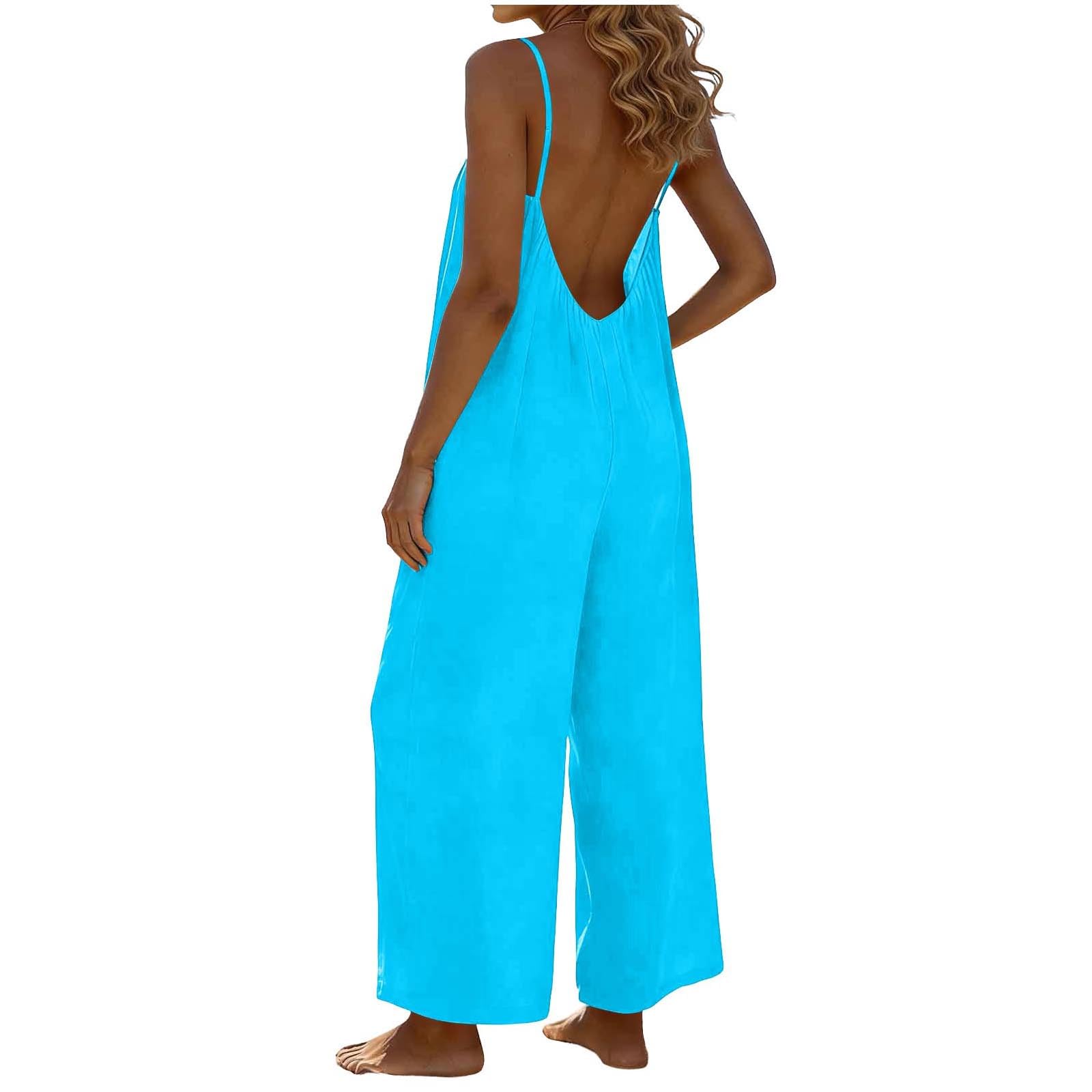 RLEHJN Jumpsuit Damen Sommer,Ärmellos Overall Lang Casual Hosenanzug Sexy V-Ausschnitt Spaghettiträger Romper Loose Fit Playsuit Elegant Einteiler Weites Bein Latzhose Freizeithose mit Taschen