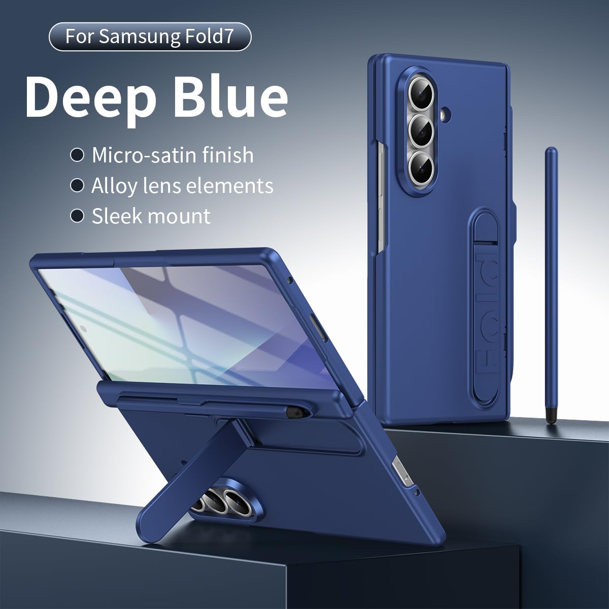 Custodia per Galaxy Z Fold 7 con supporto, protezione per lo schermo frontale, slot per S Pen, protezione per cerniera, custodia per Samsung Galaxy Z Fold7 con penna stilo-Blu scuro