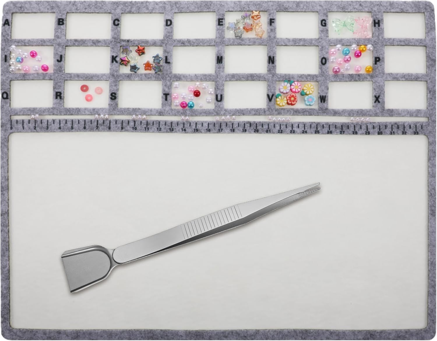 Beading Tray, Bead Tray for Jewelry Making with Bead Scoop Stainless Steel Tweezers with Scoop Surface Flocking Individual Grids Centimeter Alphabetic Scale for Art Crafts, 14.4x11 Inch