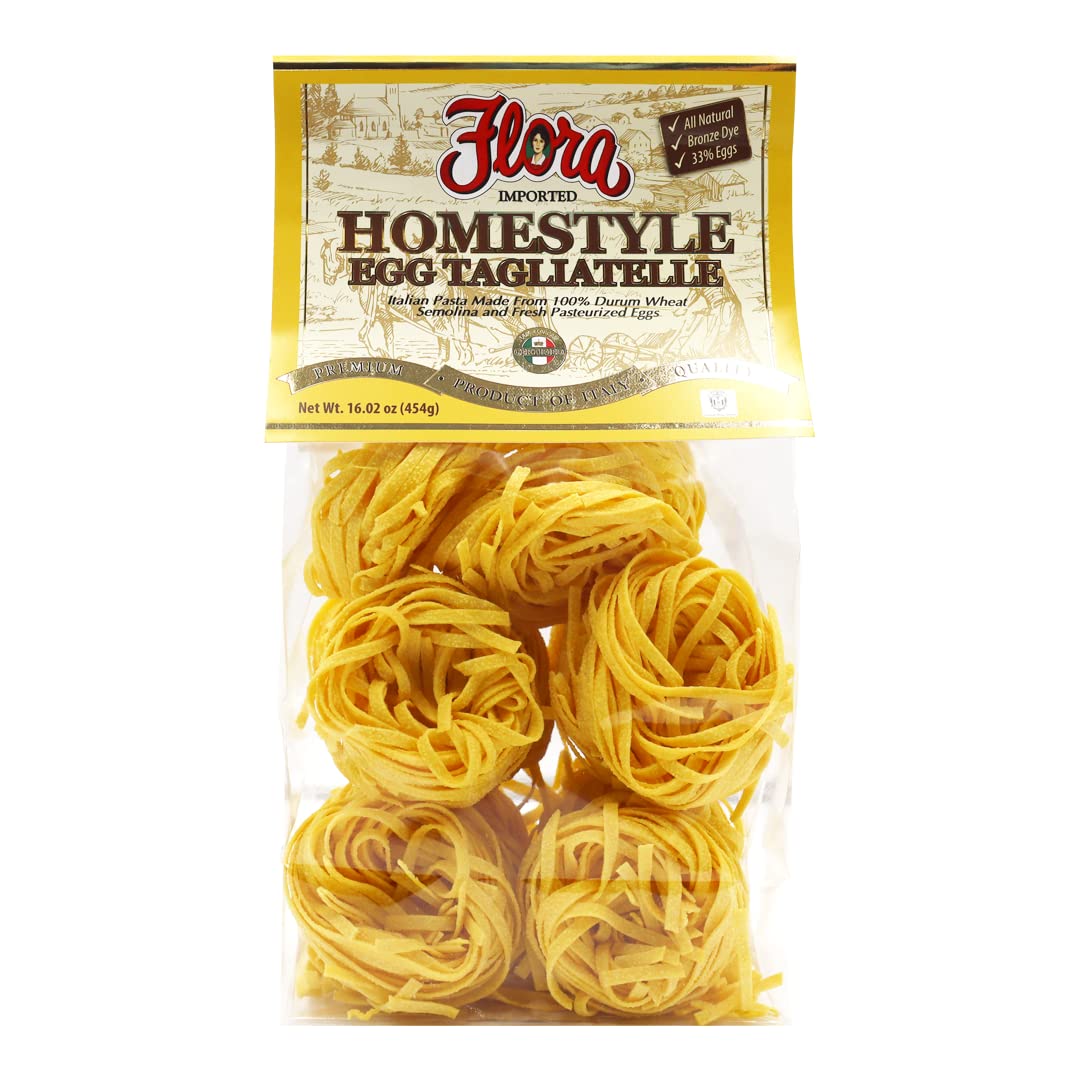 Flora Fine Foods | Homestyle Egg Tagliatelle | Organic Homestyle Pasta | 16.02 oz (454g) Italian 100% Durum Wheat Semolina and Fresh Pasteurized Eggs