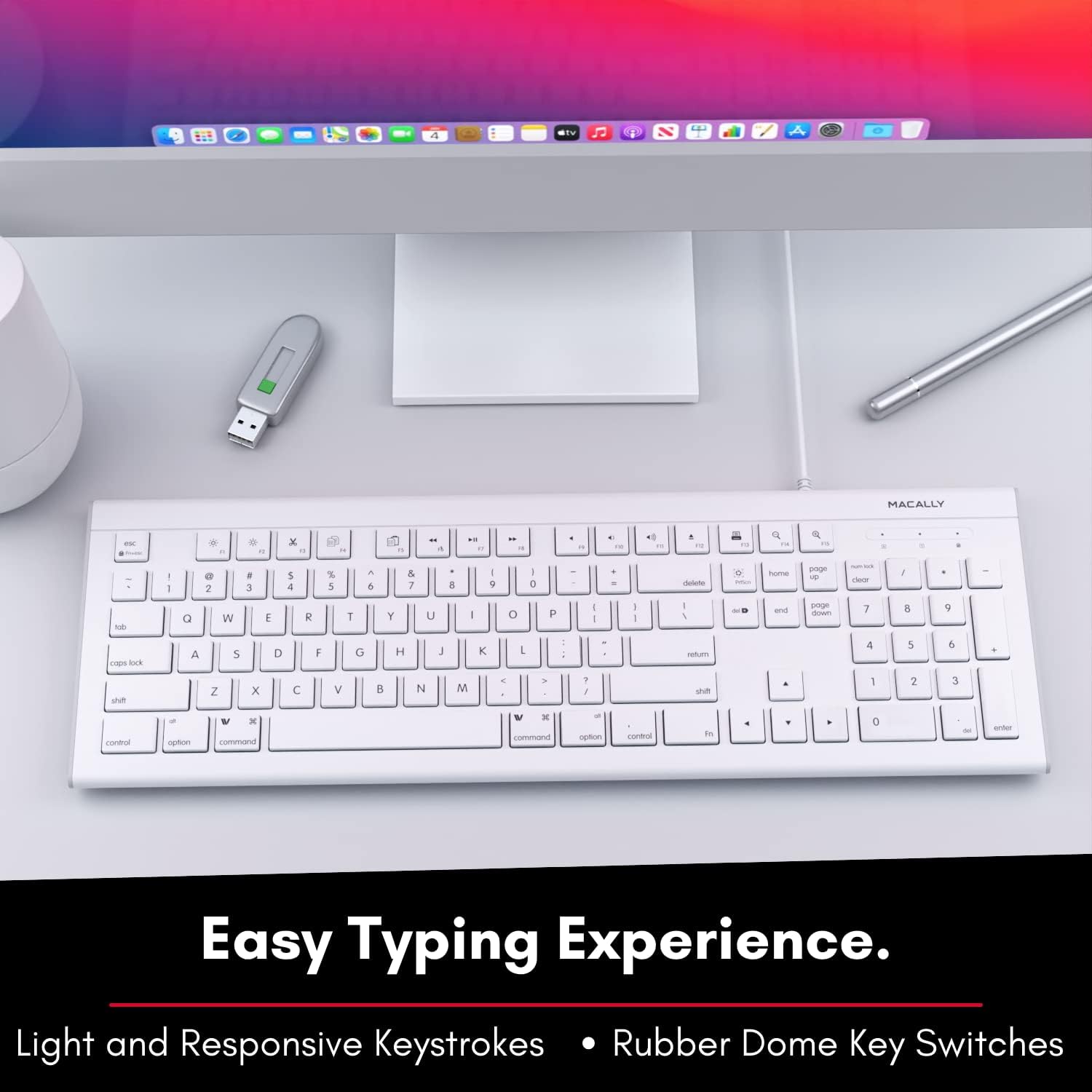 Macally Full Size USB Wired Keyboard for Mac and PC - Plug & Play Wired Computer Keyboard - Compatible Apple Keyboard with 15 Shortcut Keys for Easy Controls & Navigation - White : Electronics