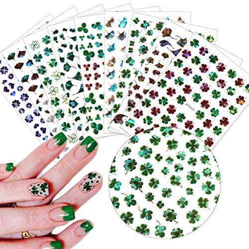Shamrock Nail Art Stickers Decals St.Patrick's Day 3D Nail Art Decals Self-Adhesive Nail Warps Laser Glitter Green Lucky Clover Ginkgo Leaf Nail Decoration Nail Foil Art Supplies Acrylic Nail Art