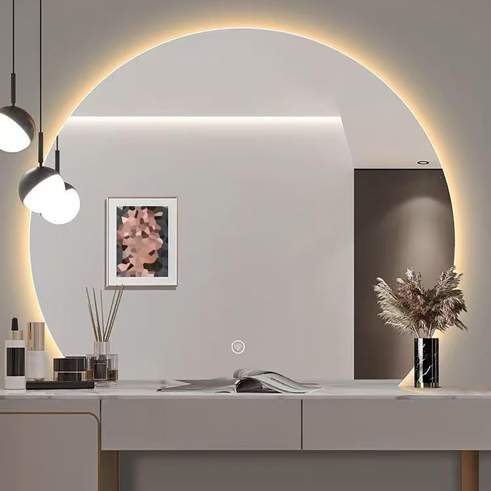 Specchio Retroilluminato LED Semicircolare, Dimmerabile a 3 Colori, Toeletta Trucco Rasatura Parrucchiere Doccia Irregolare Specchio Da Parete con Luci, Interruttore Touch(Down Cut,90*80 cm)
