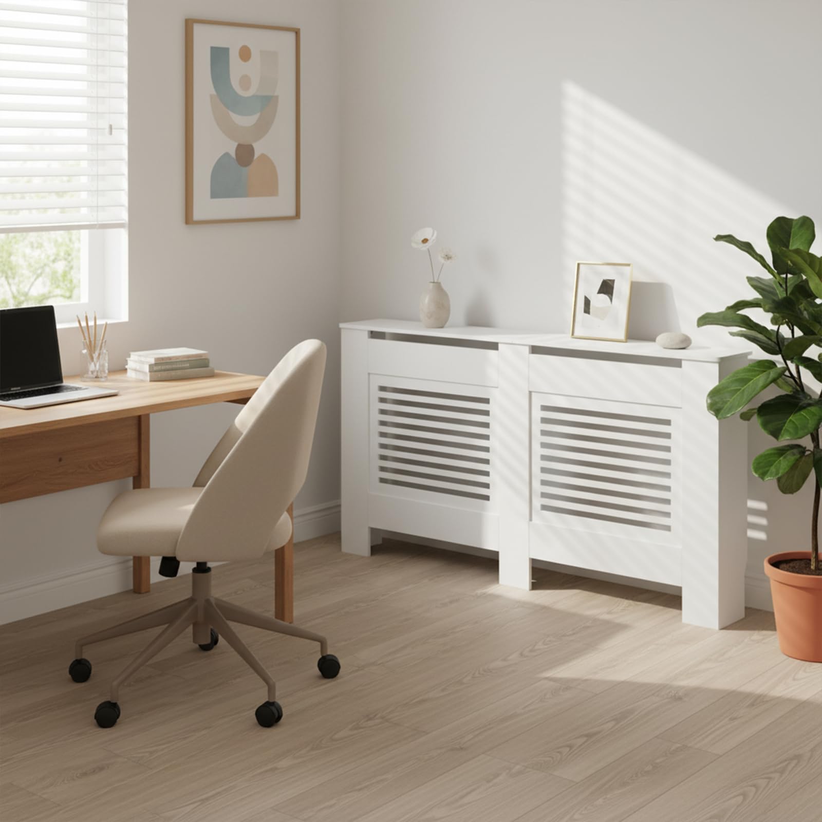 Buybyroom Buffets Altos, Cubierta Radiador, Cubierta Radiador Madera, Lattes Horizontales, para Salón, Dormitorio, Pasillo, 152 X 19 X 82 cm, MDF Blanco