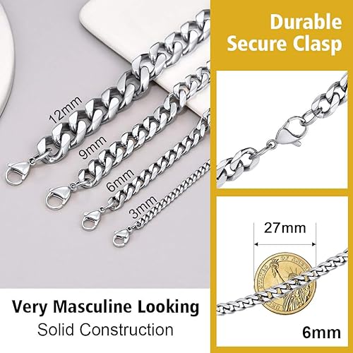 Miniatura 4 de PROSTEEL Trendy Cuban Chain Necklace, Solid & Sturdy, SilverGoldBlack Tone 316L Stainless Steel Chains, 3mm6mm9mm12mm, 14-30 inch, Come Gift Box