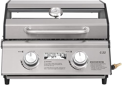 Monument Grills Plancha de mesa portátil parrilla de gas propano con parte superior plana de 22 pulgadas 2 quemadores 15000 BTU de 312 pulgadas