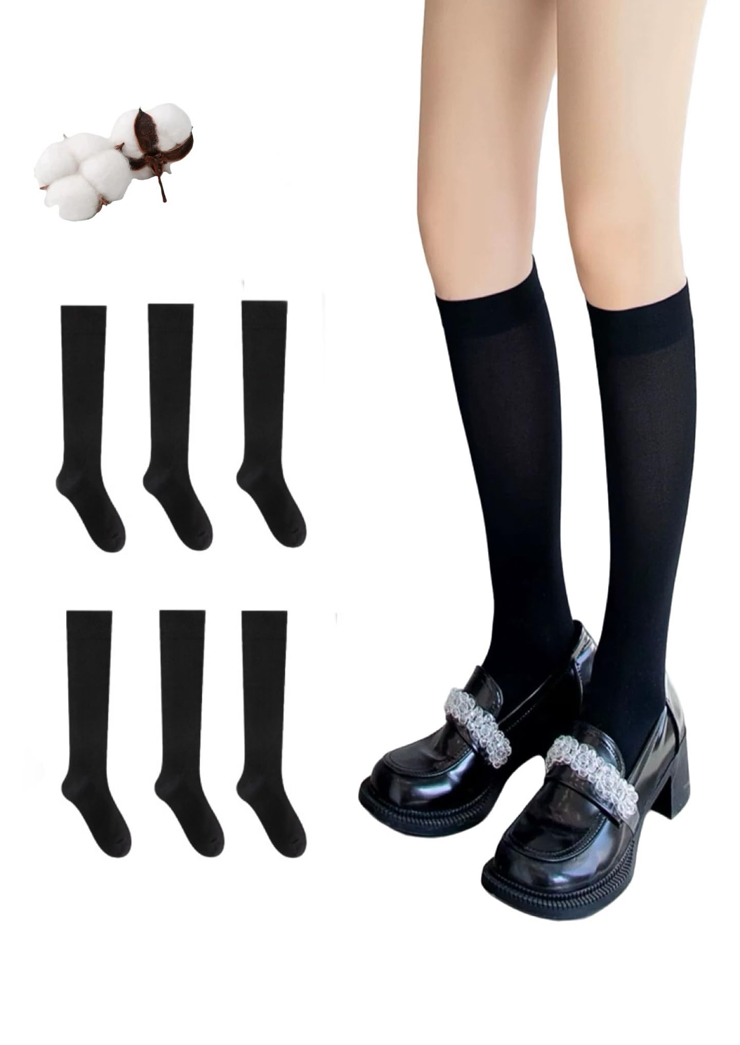 CYS Calcetines 6 Pares De Colegio Escolares Medias Largos Altos Algodón Hasta rodillas Lisos Para Niñas Niños Infantiles Uniformes Unisex