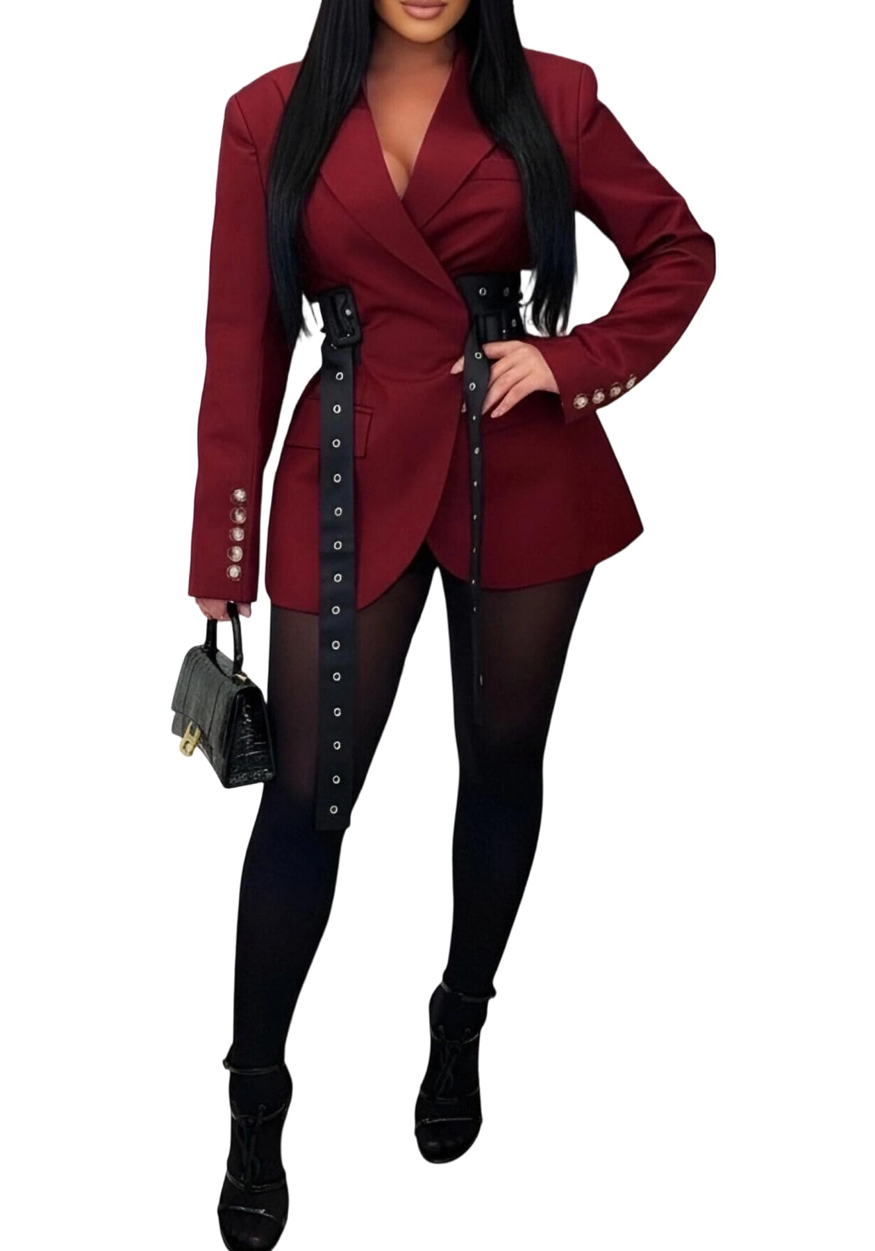 Womens Casual Lapel Neck Blazer Long Sleeve Open Front Business Fall Winter Suit Jacket Outwear with Belt