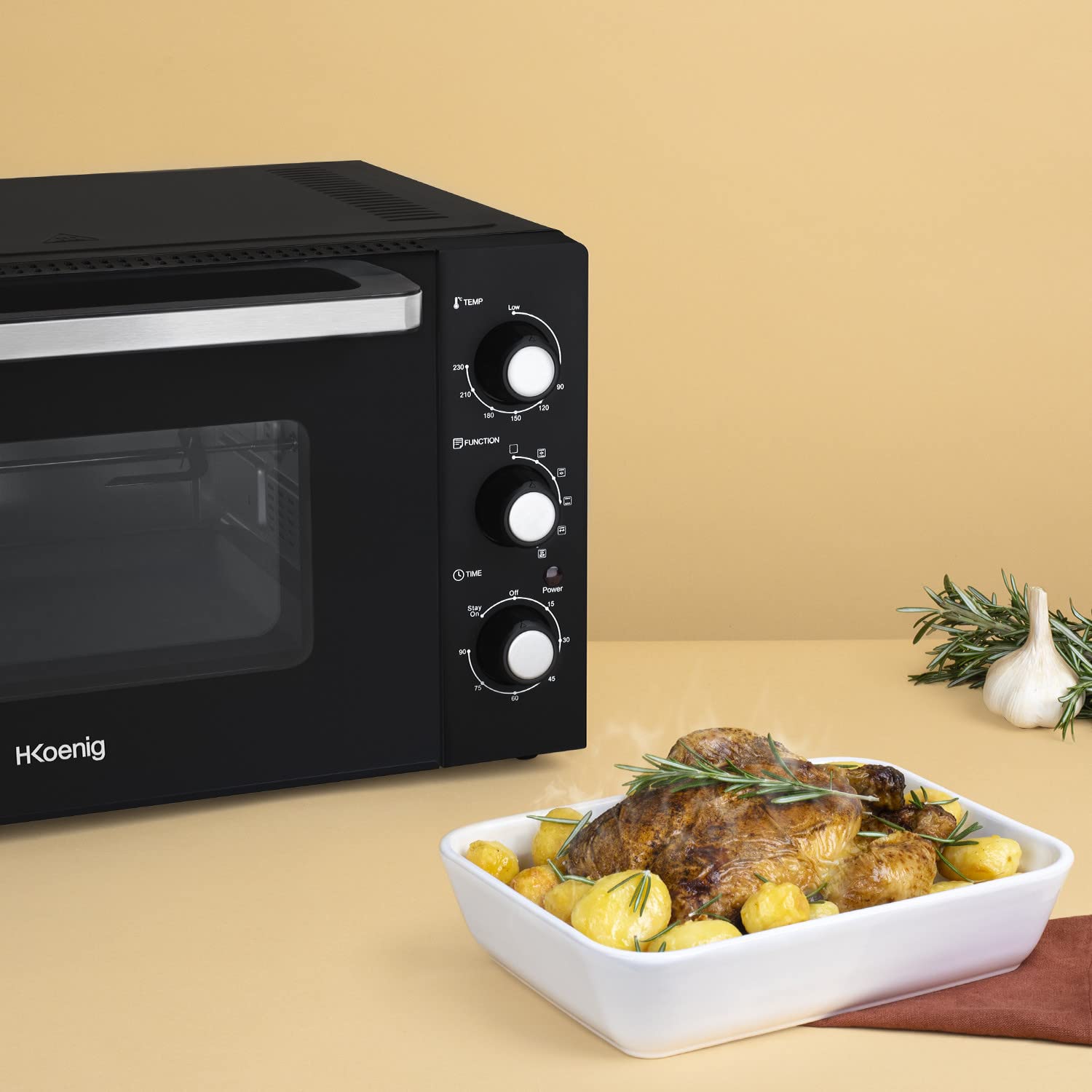 H.Koenig Mini Four Compact FO42, Capacité 42L, Température jusqu'à 230°C, 5 Modes de Cuisson, Minuteur jusqu'à 90 min, Chaleur Tournante/Rôtisserie, avec pince, ramasse-miette et tournebroche, 2000W