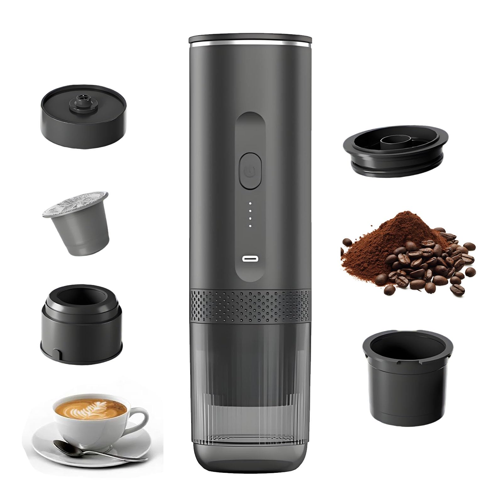 Cafetera Portatil Capsulas,Maquina Cafe Portatil,Espresso Machine,Carga USB-C, Compatible Con Café Molido y Cápsulas, Ideal Para Acampadas, Viajes y Excursiones, Calefacción Inalámbrica (Negro)
