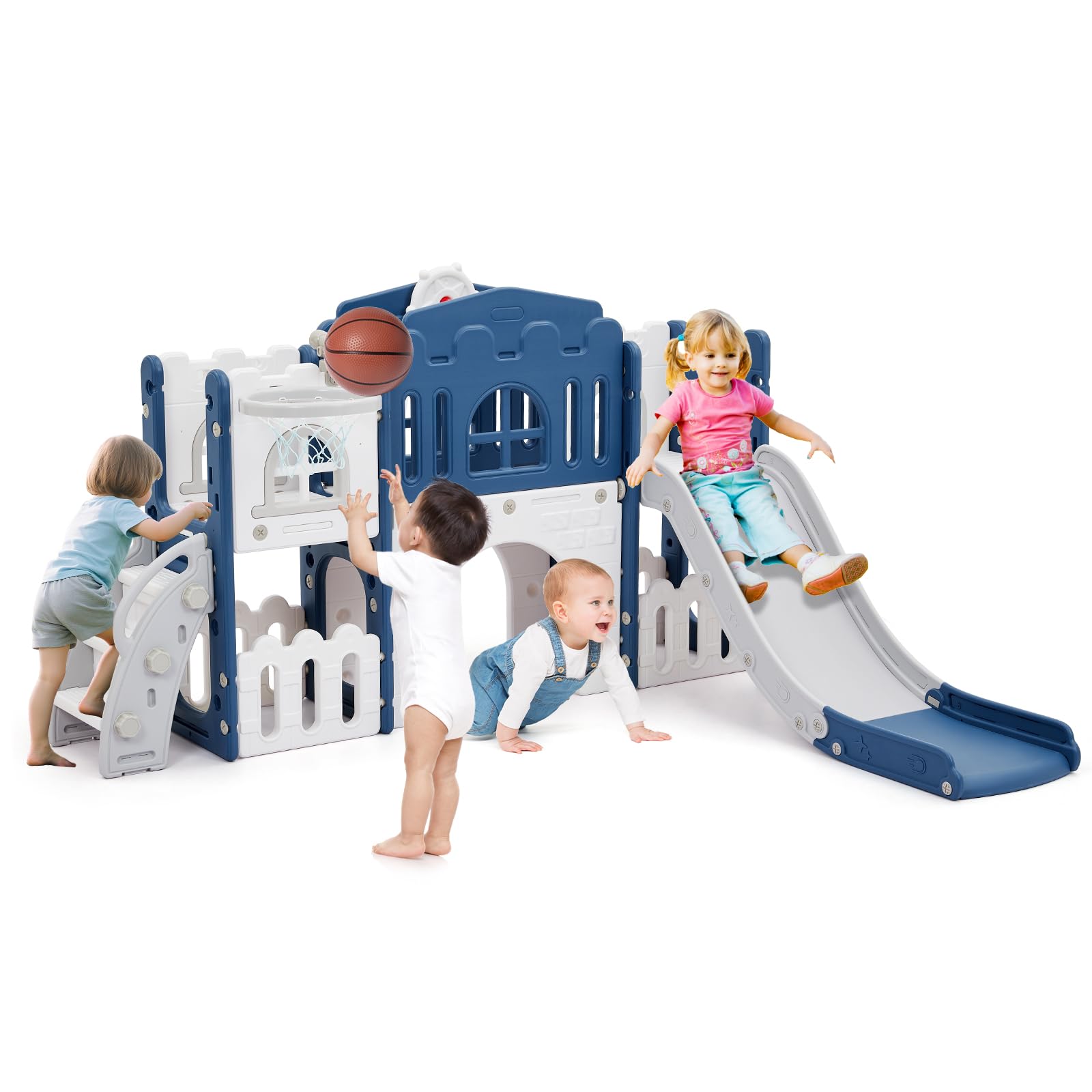 Tobogán Infantil 8 en 1 con Cesta de Baloncesto,Grandes Toboganes Infantiles Exteriores y Interiores con Escalera de Escalada,Telescopio y Túnel de Juego, Espacio de Almacenamiento, 1+