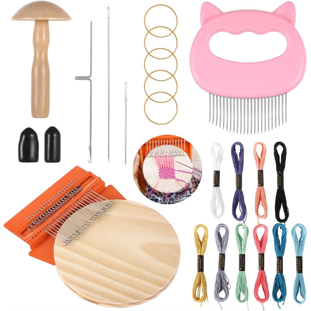 Vjsujehgy Speedweave Darning Egg, Mushroom, and Weaving Tools with 21 Hooks, Mini Wooden Kit