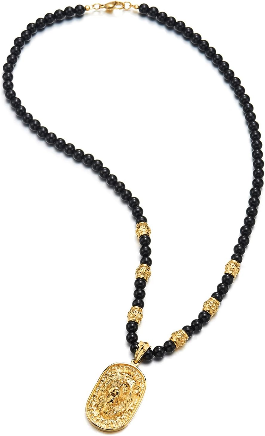 COOLSTEELANDBEYOND Gothic Style Mens Beads Necklace with Stainless Steel Lion Head Shield Pendant