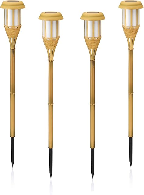Auraglow Solar Powered Flickering Flameless Flame Lamp Bamboo Tiki Torch LED Garden Lantern Outdoor Lawn Path Post Spike Light - Set of 4