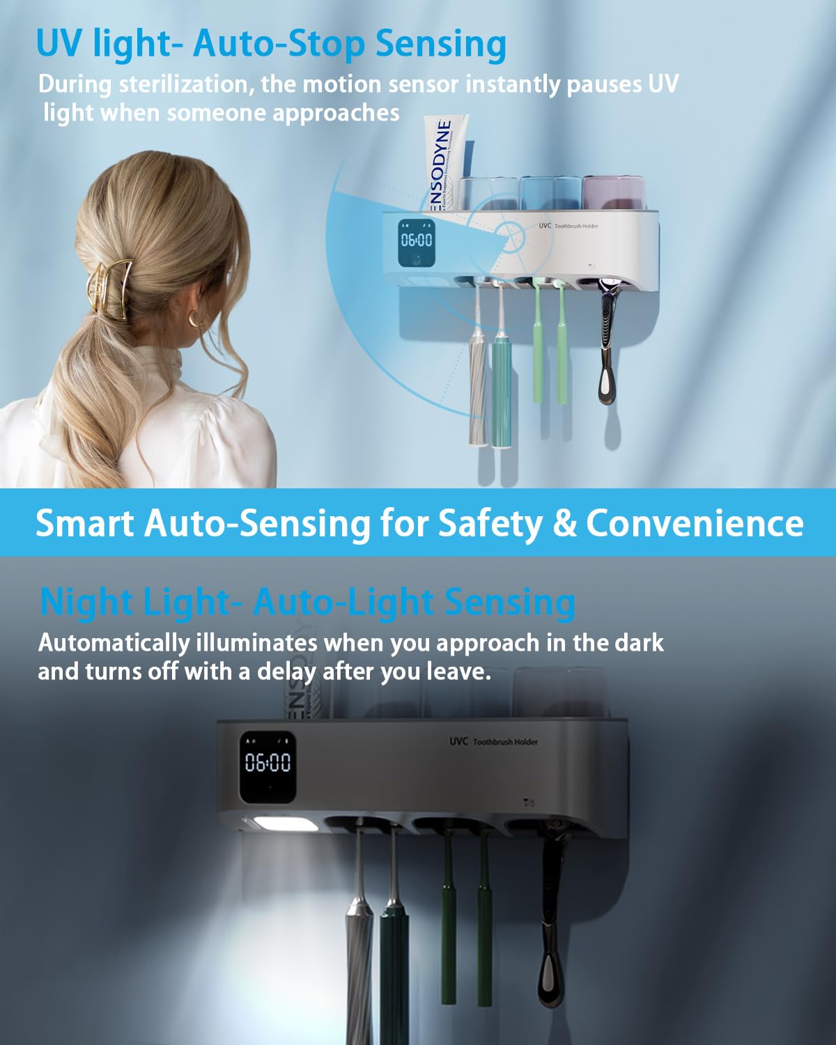 Soporte para cepillos de dientes montado en la pared para baños, soporte para cepillos de dientes – Decoración inteligente para el hogar y el baño con 3 tazas, cuenta con un reloj y luz nocturna