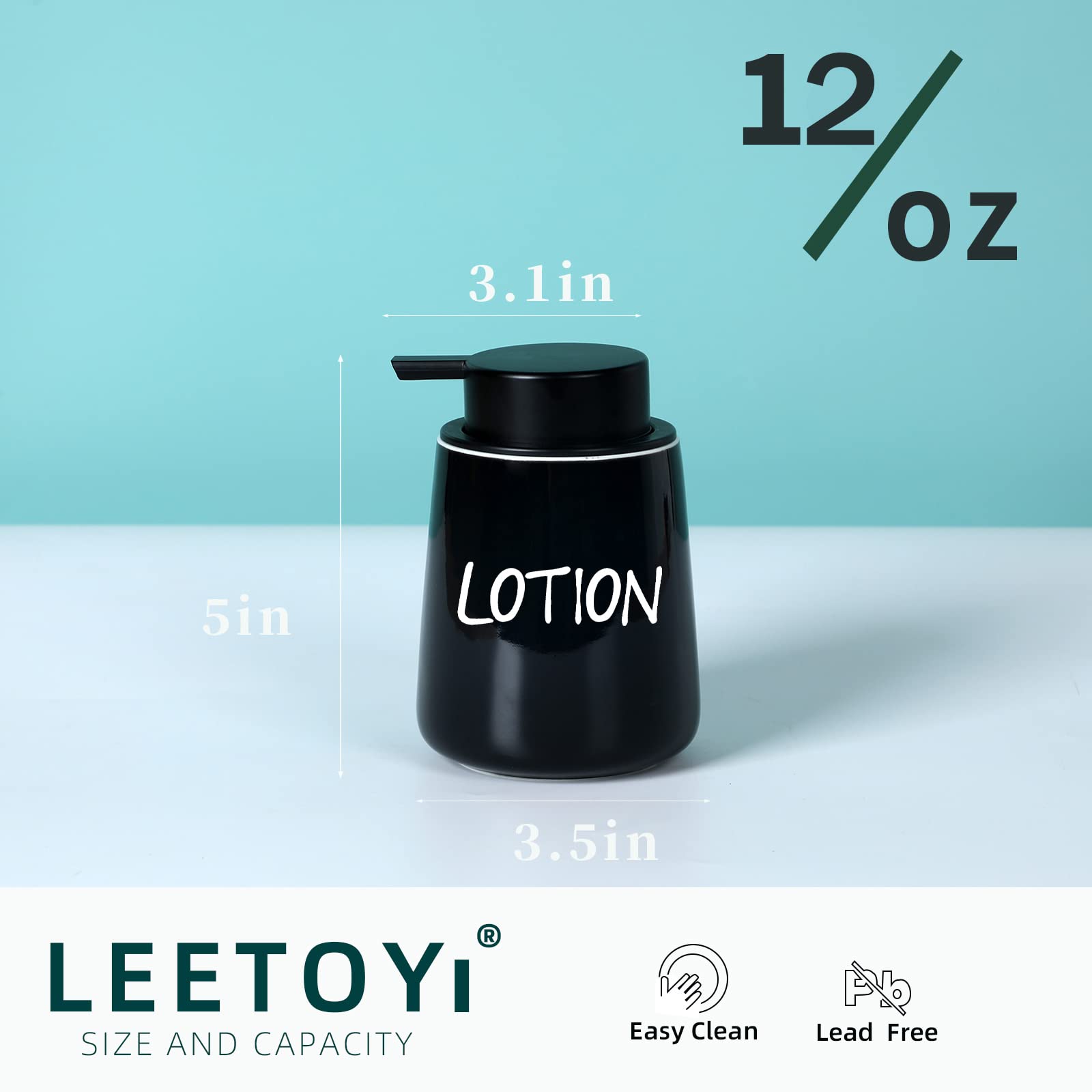 LEETOYI Farmhouse Ceramic Soap Dispenser - 12oz Capacity, Pump Bottle For Dish, Hand, Or Lotion, Black