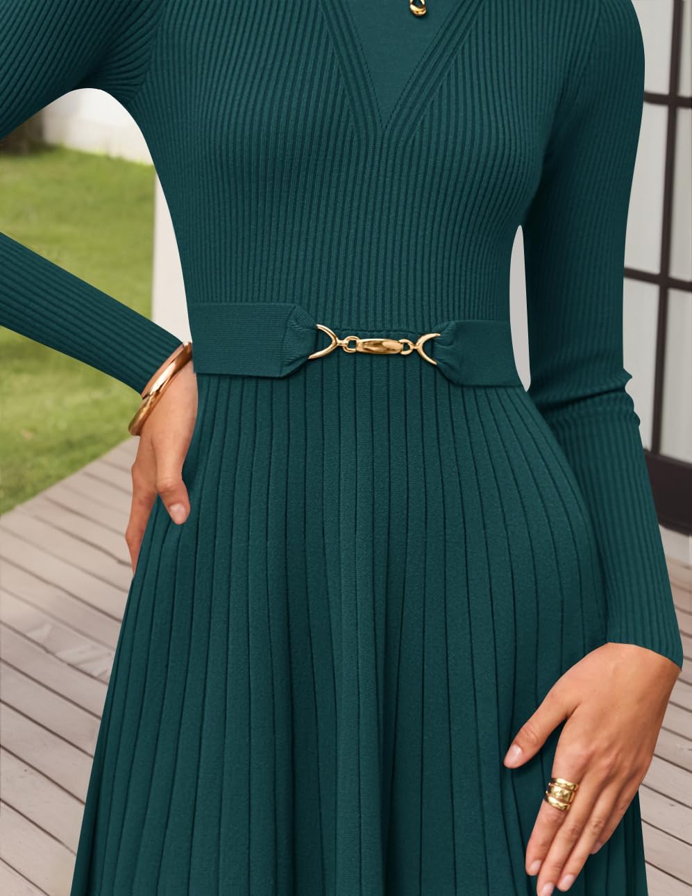 ZESICA Women's Long Sleeve Midi Sweater Dress 2026 Fall Crewneck Knit A Line Pleated Flowy Long Dresses with Belt - Image 4