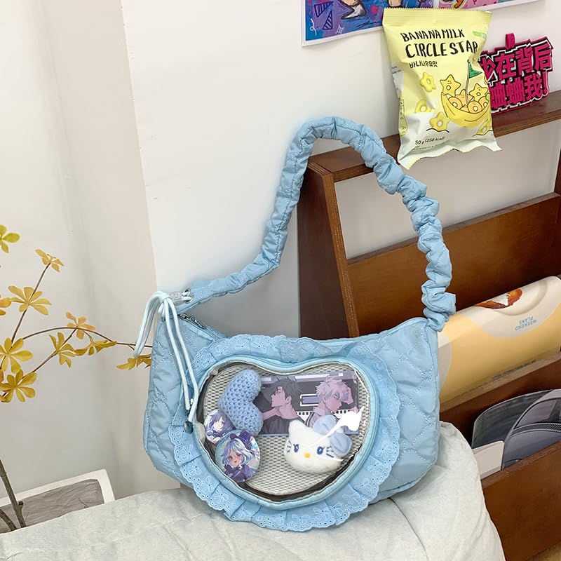 Womens Y2K Cute Pleated Puff Shoulder Bag Heart Print Transparent Kawaii Drawstring Large-Capacity Crossbody Bags3