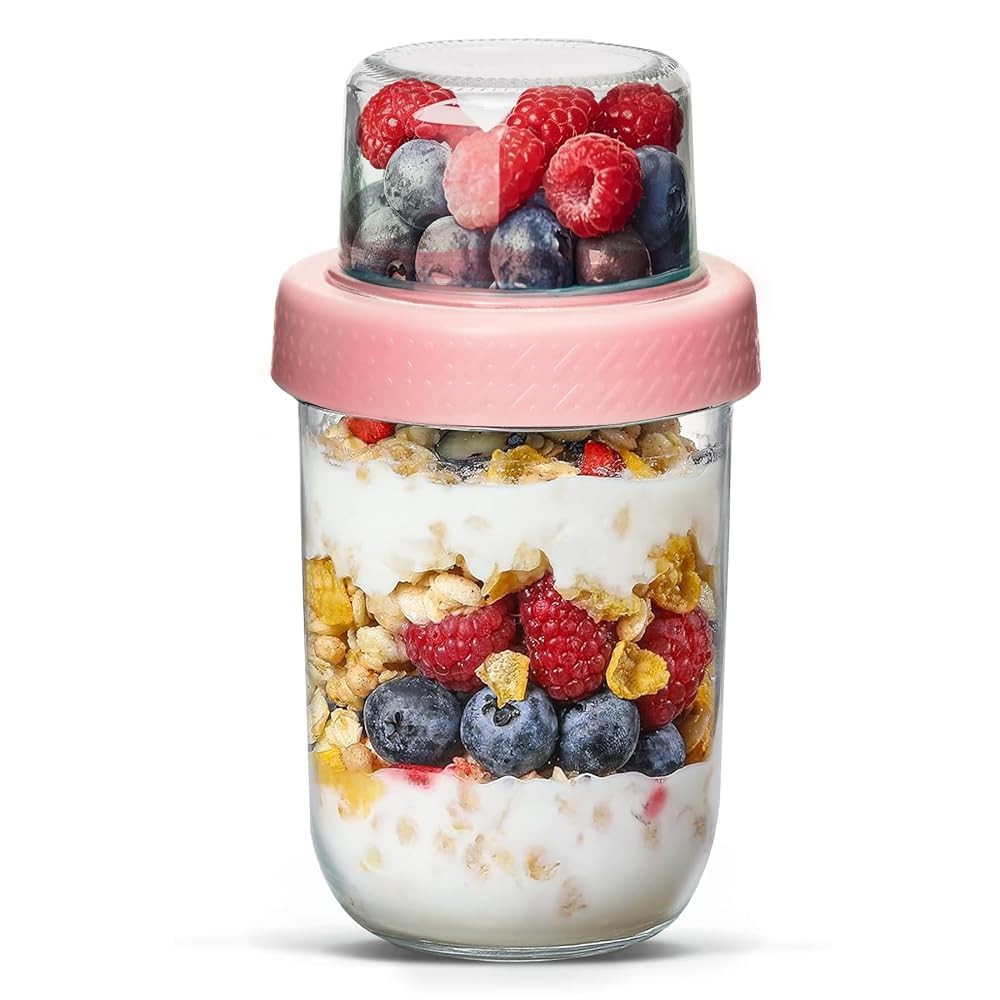 ComSaf Pink Overnight Oats Containers with Lids (16oz+4oz, 1Pcs), Glass Yogurt Parfait Cups for Cereal Nut Fruit, Dual-Layer Chia Pudding Jars with