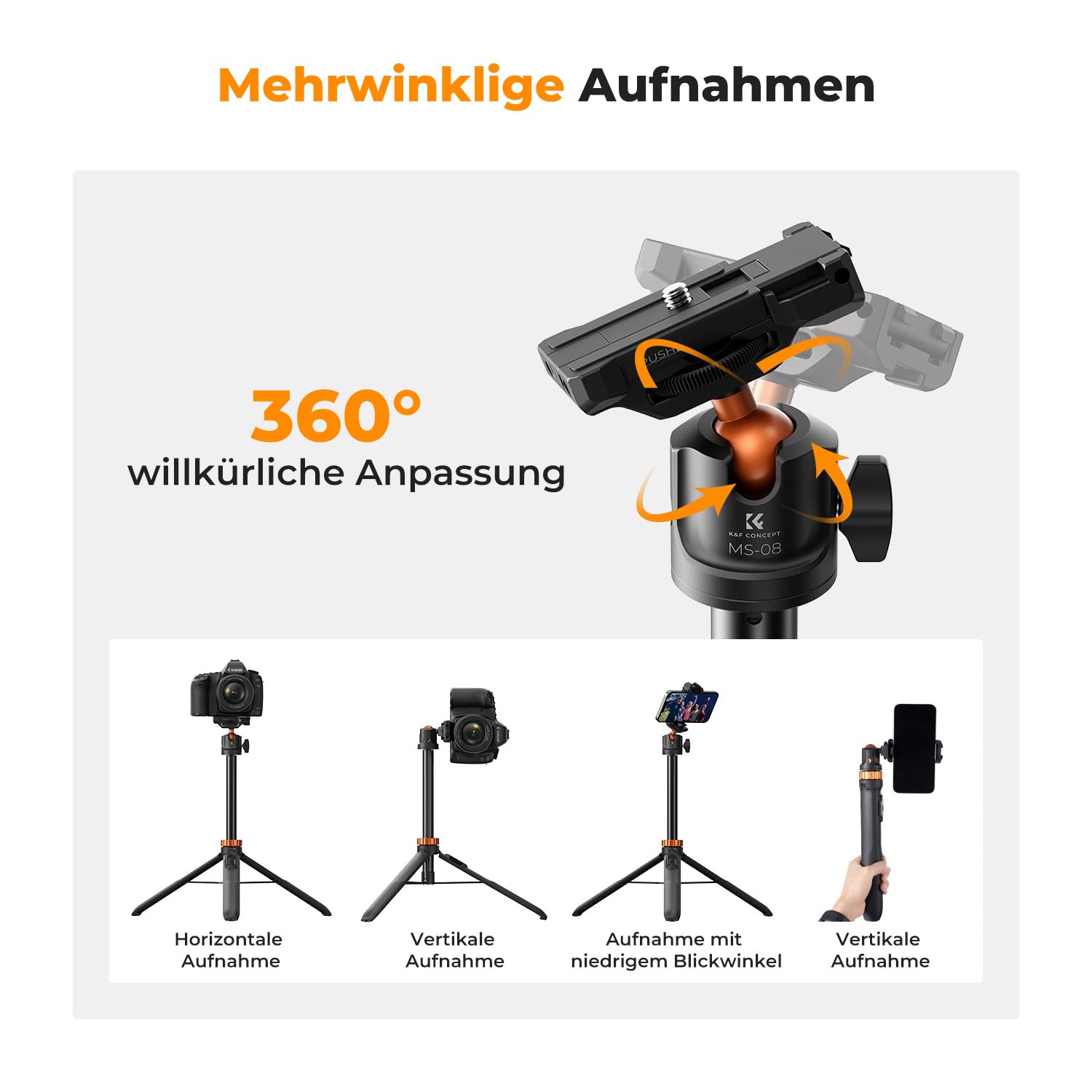 Selfie Stick,K&F CONCEPT MS08 Selfie Stick,158CM Handy Stativ,Stativ für Smartphone Kompatibel mit iPhone/Samsung/DJI Pocket 4/3/Osmo 360/Insta 360 X5/X4/X3 (Schwarz)
