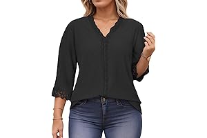 Womens Plus Size 3/4 Sleeve Tops, Dressy Lace Trim V Neck Shirts