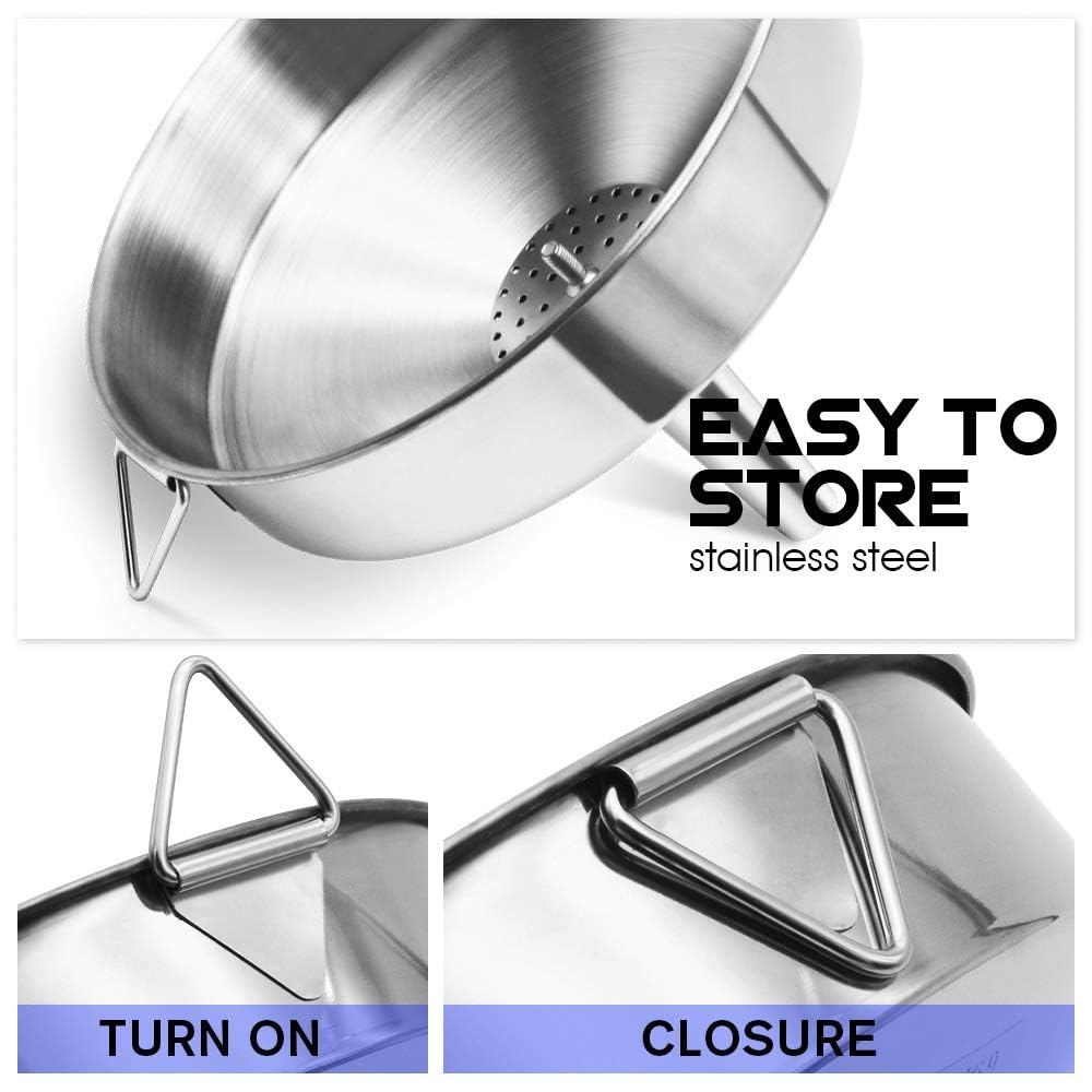 Embudo grande de acero inoxidable con filtro desmontable para cocinar aceite y líquido de transmisión y polvo, embudos de cocina de metal de calidad alimentaria