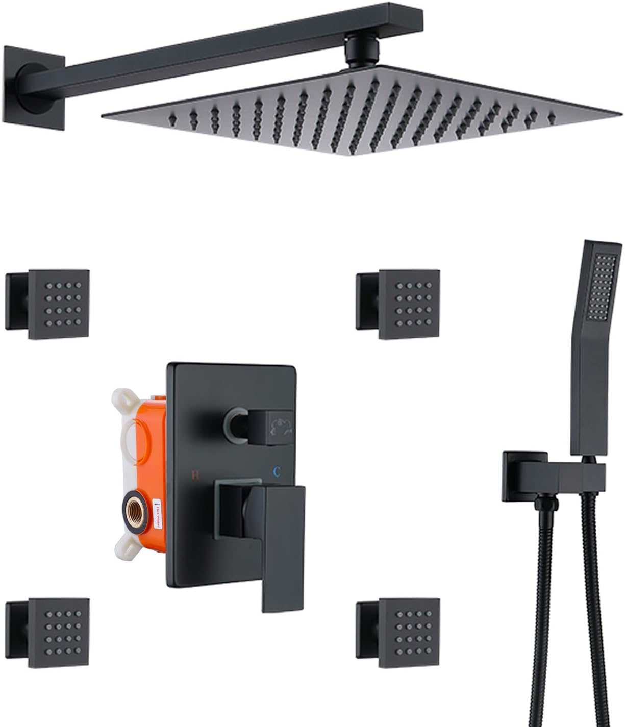 RBROHANT Matte Black Shower System with Body Jets, Black Shower Faucet