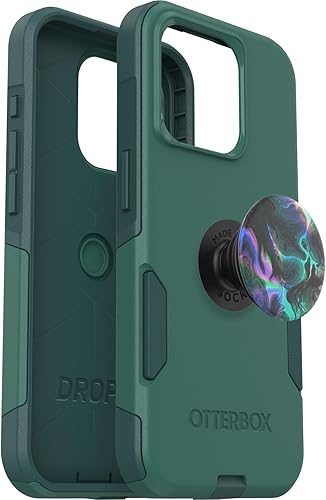Miniatura 3 de Paquete OtterBox iPhone 15 Pro (solamente) Commuter Series Case - (GET YOUR GREENS) + PopSockets PopGrip (OIL AGATE), delgada y resistente, apta