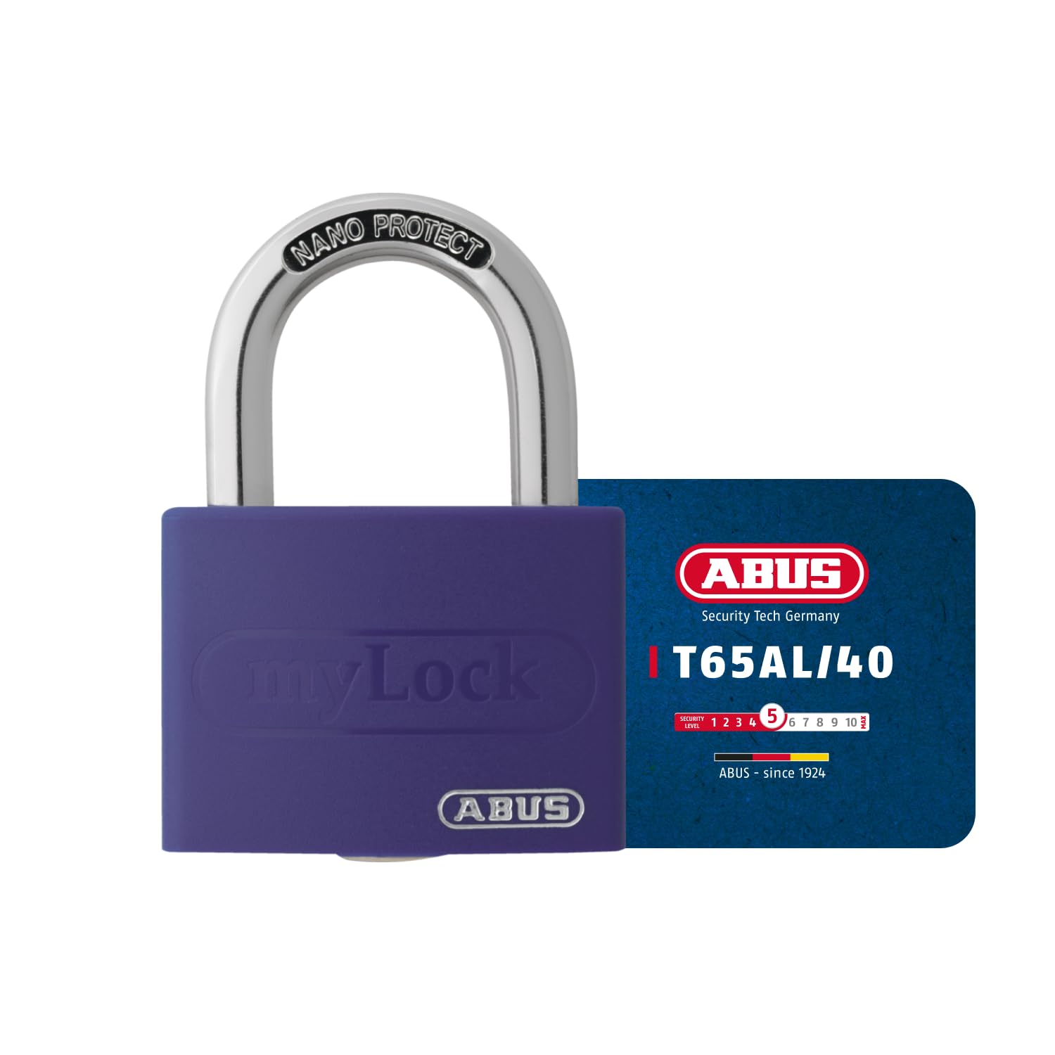 ABUS Vorhängeschloss T65AL/40 myLOCK - individuell beschreibbar - Spindschloss - massiver Aluminium-Schlosskörper - ABUS-Sicherheitslevel 5 - Lila