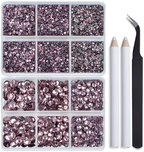 Image of Bymitel Hotfix Crystal Rhinestones Round Gems for Crafts,Mixed 6 Sizes with Wax Pencil Kit, Lt. Amethyst 1.6-6.3mm SS4-SS30 /8000pcs