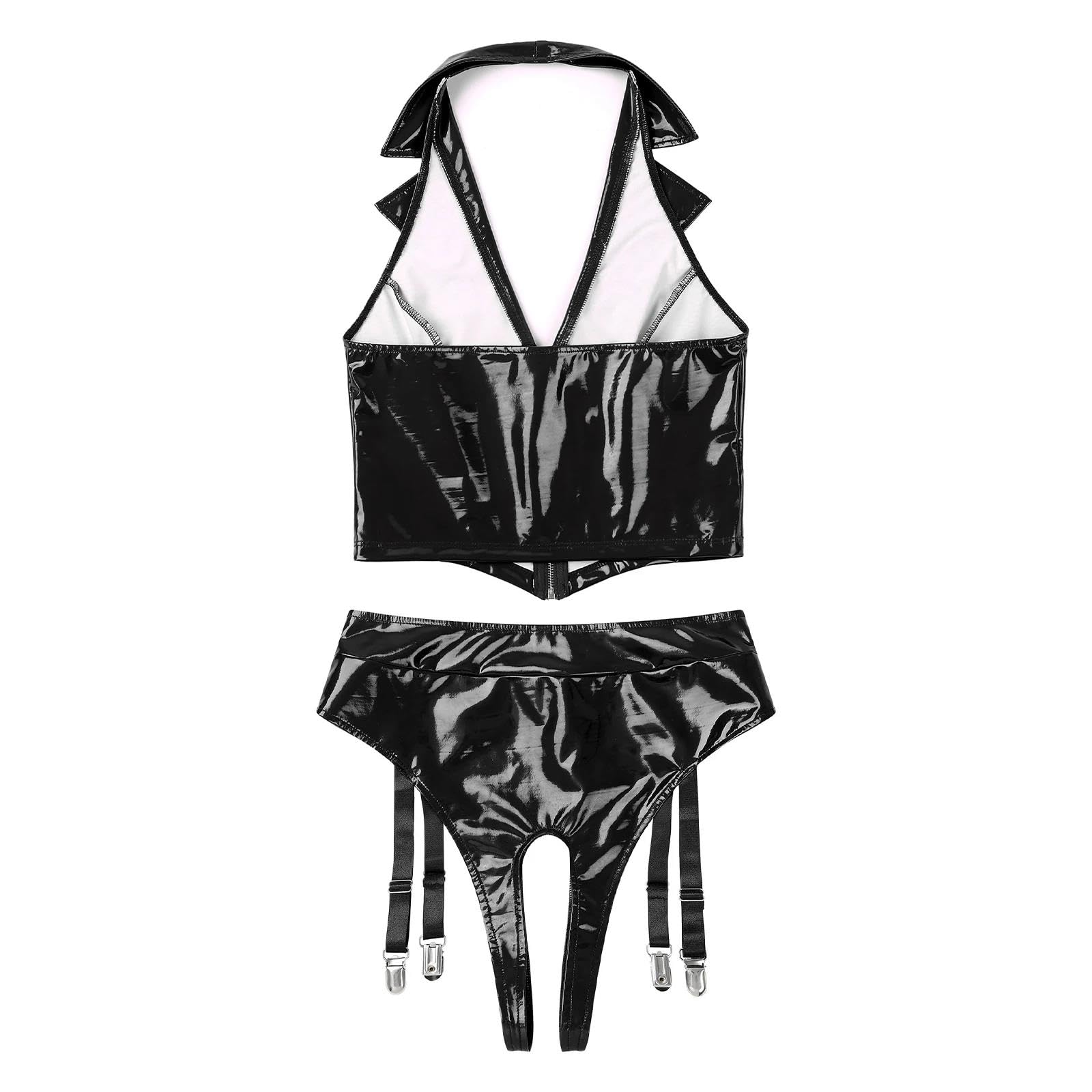 Sexy Damen Kleidung Neckholder Rückenfreie Tiefe V-Ausschnitt-Front-Reißverschlussweste Mit Hoher Taille Offene Schritt-Strumpfbandclips