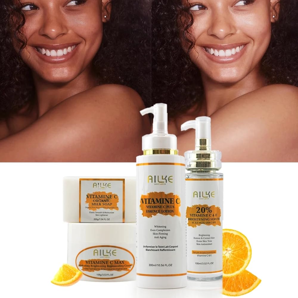 AILKE - Set schiarente 4 in 1 con vitamina C, schiarente, riduce macchie scure, rughe, pelle liscia, anti-invecchiamento, con niacinamide, glicerina, idratante per la pelle, per uomini e donne