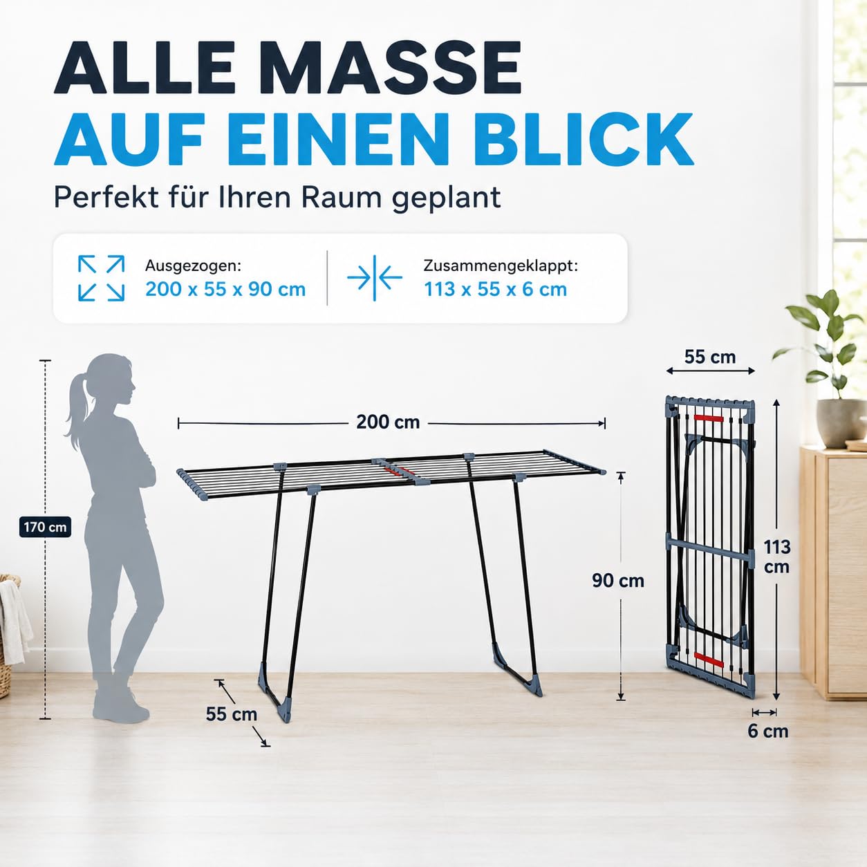 Wäscheständer ausziehbar 20m Trockenfläche – XXL Standtrockner klappbar mit Rollen & Klemmen, für 2 Waschladungen, Balkon & Innen