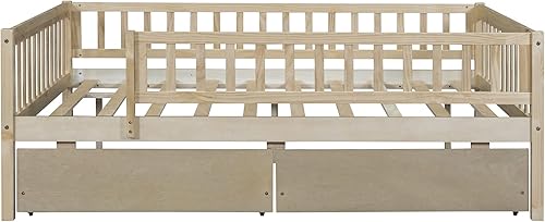 Miniatura 3 de Cama de tamaño matrimonial para niños con rieles y 2 cajones, plataforma de baja altura, cama de madera con valla para niños y niñas, junior, natural