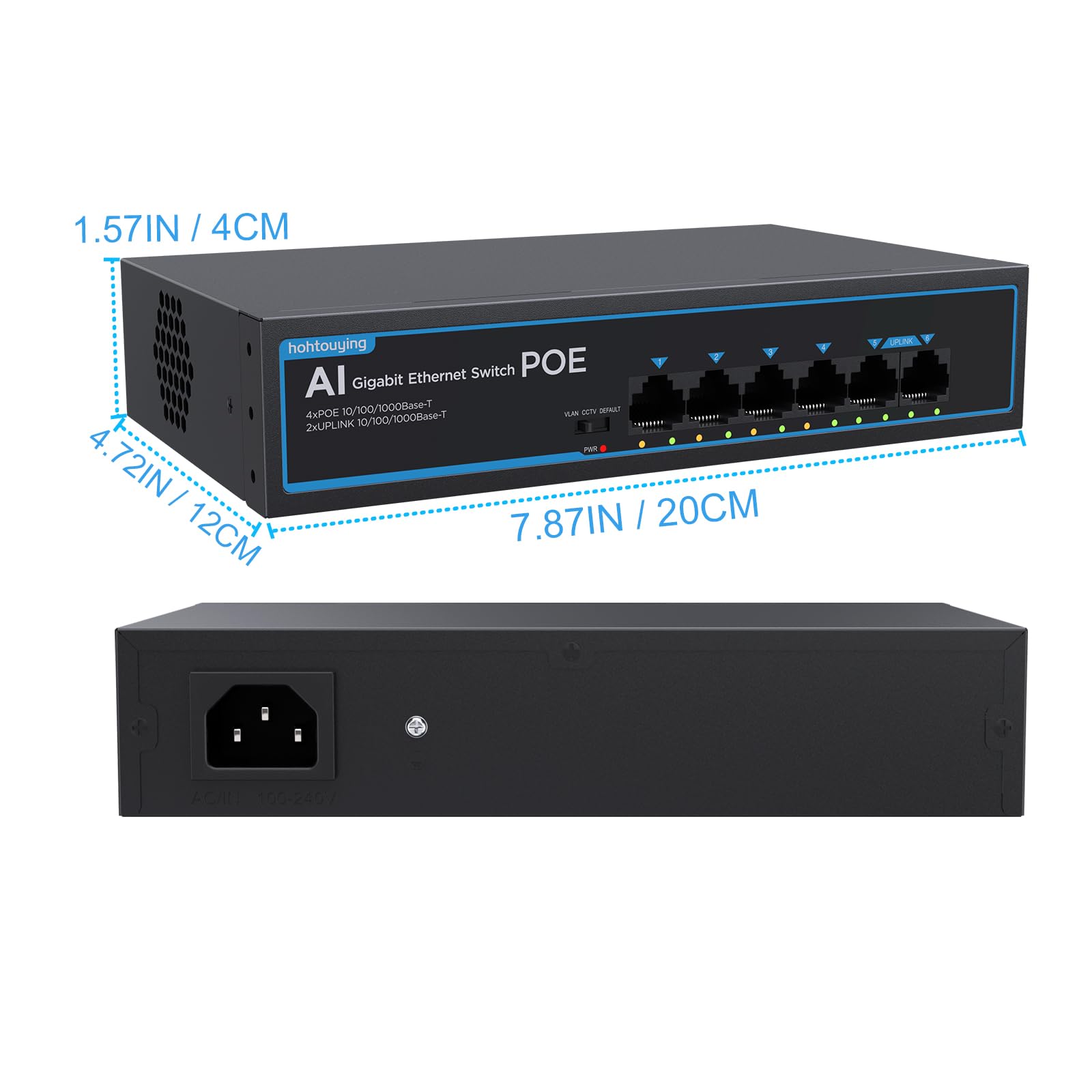 Commutateur Gigabit PoE 4 ports avec 2 Gigabit Uplink 1000 Mbps, 802.3af/at, alimentation intégrée 65 W, VLAN, métal non géré Plug and Play, idéal pour les caméras de sécurité NVR et
