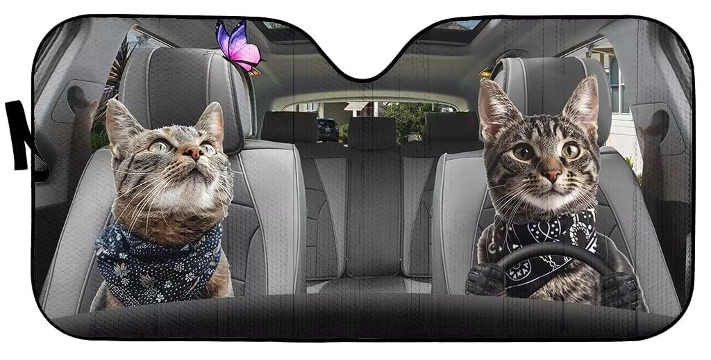 Personalized Cat Driving Auto Front Window Sun Visor Car Sunshades Funny Animal Shades Truck SUV Sun Visor UV Rays Blocks Car Interior Accessories 57x27.5 Inches