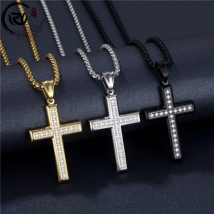 Stainless Steel Three-row A5 CZ Cross Pendant Necklace For Women&Men,On 24 In Rope Chain,Gold/Silver - Image 2