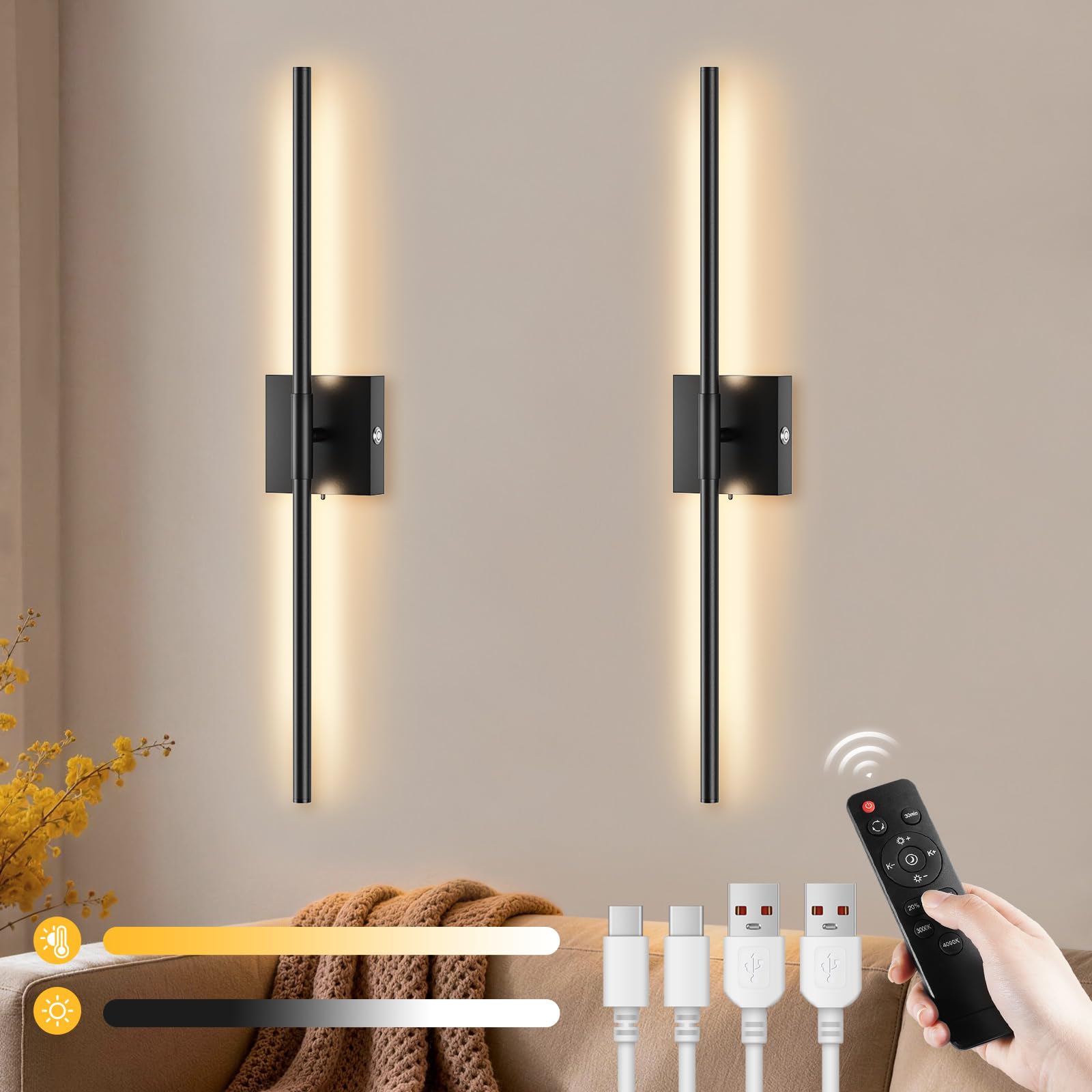Rechargeable LED Wall Lights 2 Pack - 10000mAh Battery Operated Wall Lights Indoor with Remote 3 Colour Temperatures, Wireless Wall Sconces Dimmable Black Wall Lamp for Living Room Bedroom Hallway